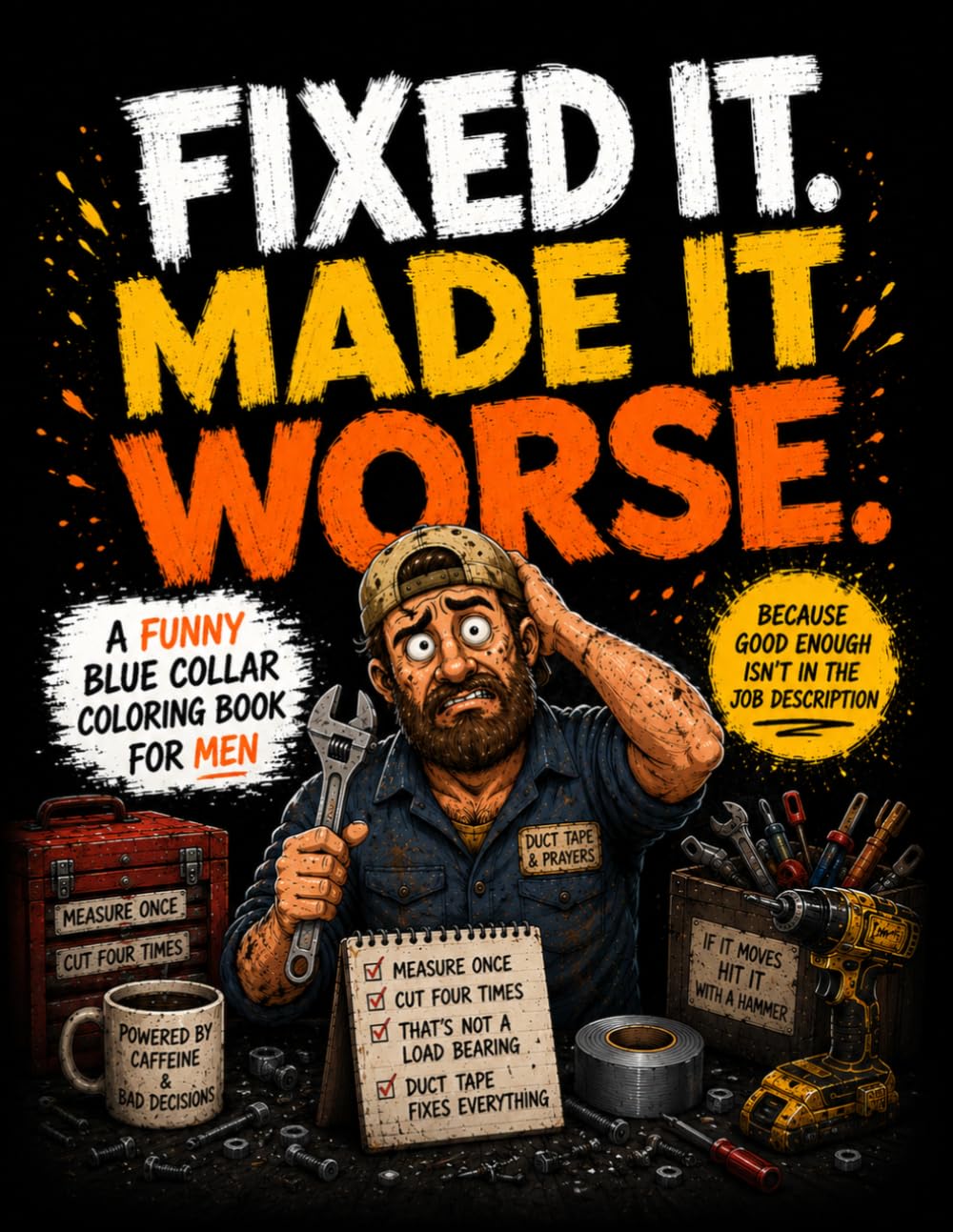 Fixed It. Made It Worse.: Funny Blue-Collar Stress Relief Coloring Book for Men — Hilarious Jobsite Fails, Duct Tape Repairs, DIY Disasters & Working-Class Chaos