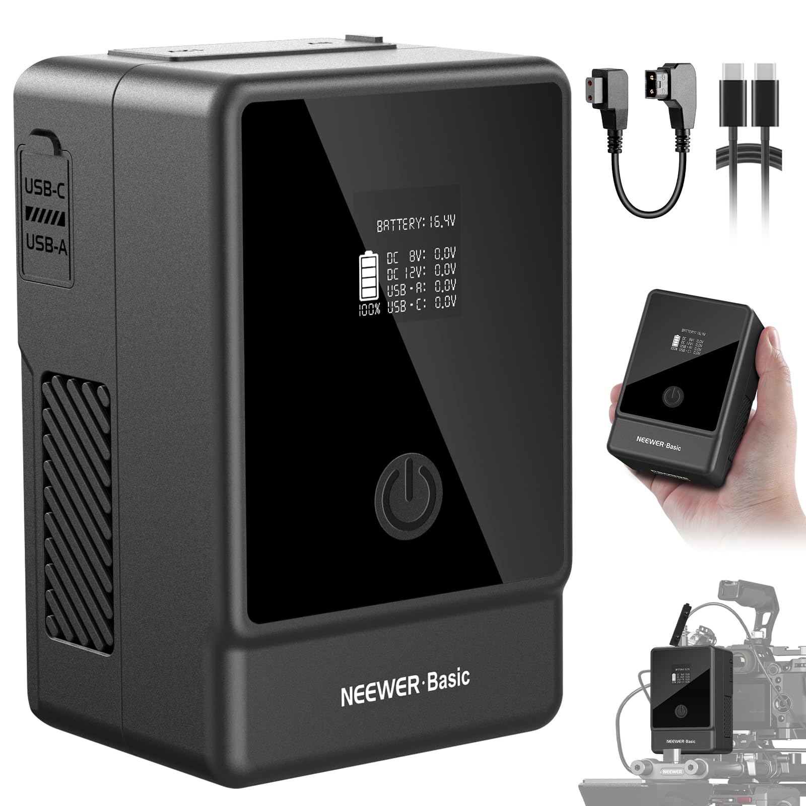 NEEWER BASICS Batteria V Mount PS099E, Mini V Lock 6800mAh/99Wh con Display OLED, Cavo D Tap/Type C, Ricarica Rapida USB C PD65W,Uscite D Tap/BP/USB A/DC per Video Fotocamera Monitor Camcorder e Film