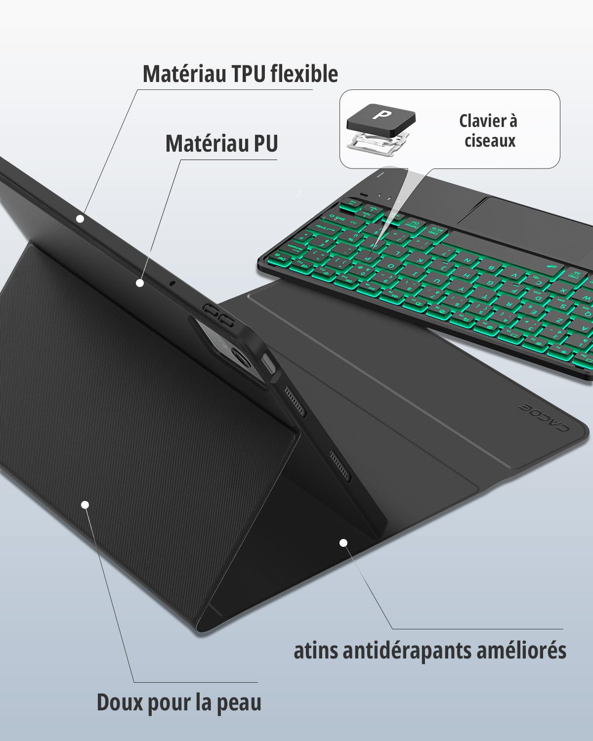 CACOE Clavier Étui Compatible avec Lenovo Idea Tab 2025 11" (TB-336ZU TB-336FU), Coque [AZERTY] Clavier avec Pavé Tactile, Éclairage à 7 Couleurs, Noir