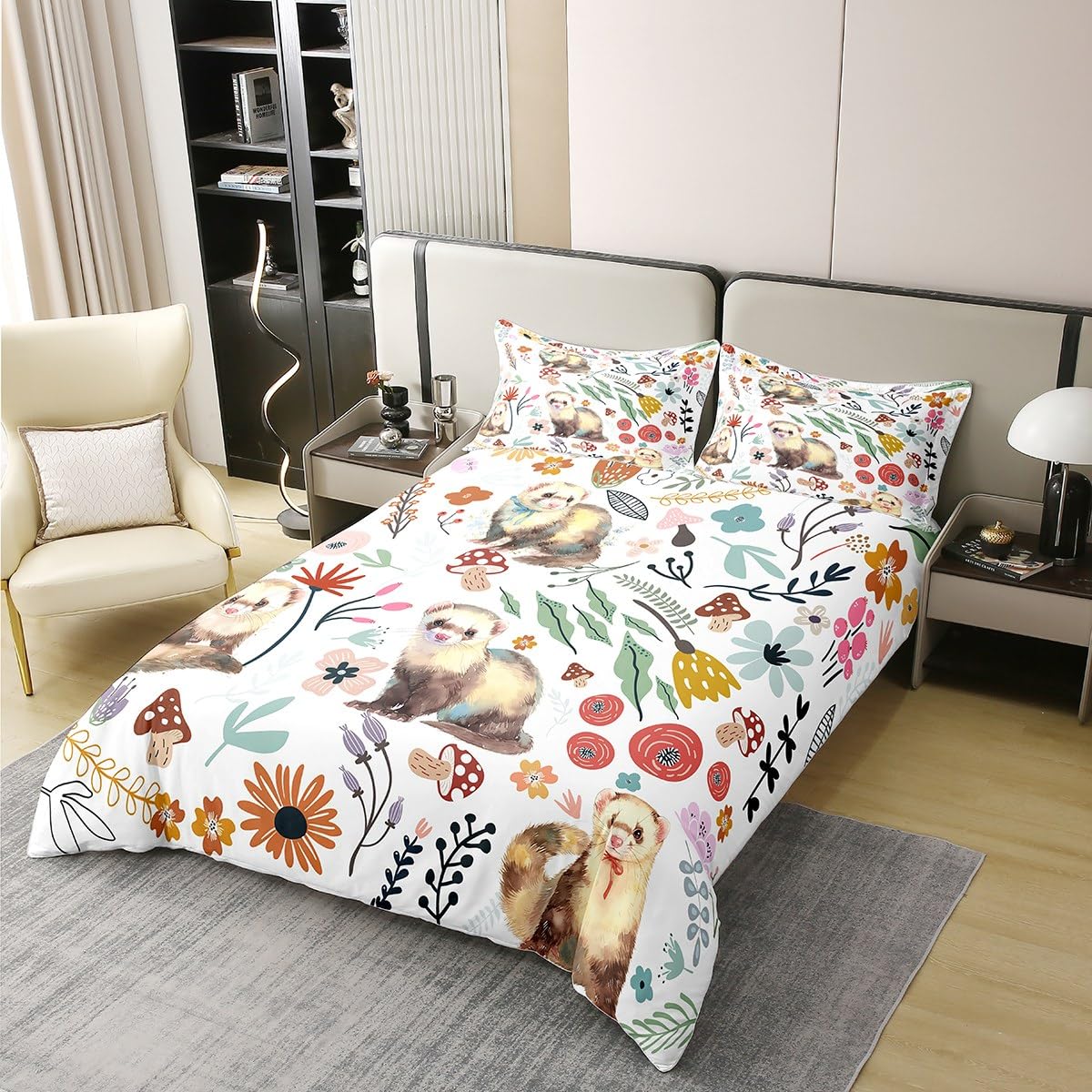 Kinder Kawaii Otter 100% Baumwolle Bettbezug 135x200,Nette Unterwasser Tier Tröster Abdeckung für Jungen Mädchen,Pilz Floral Pflanzen Bettwäsche Set,Cartoon Tier Bettdecke Abdeckung