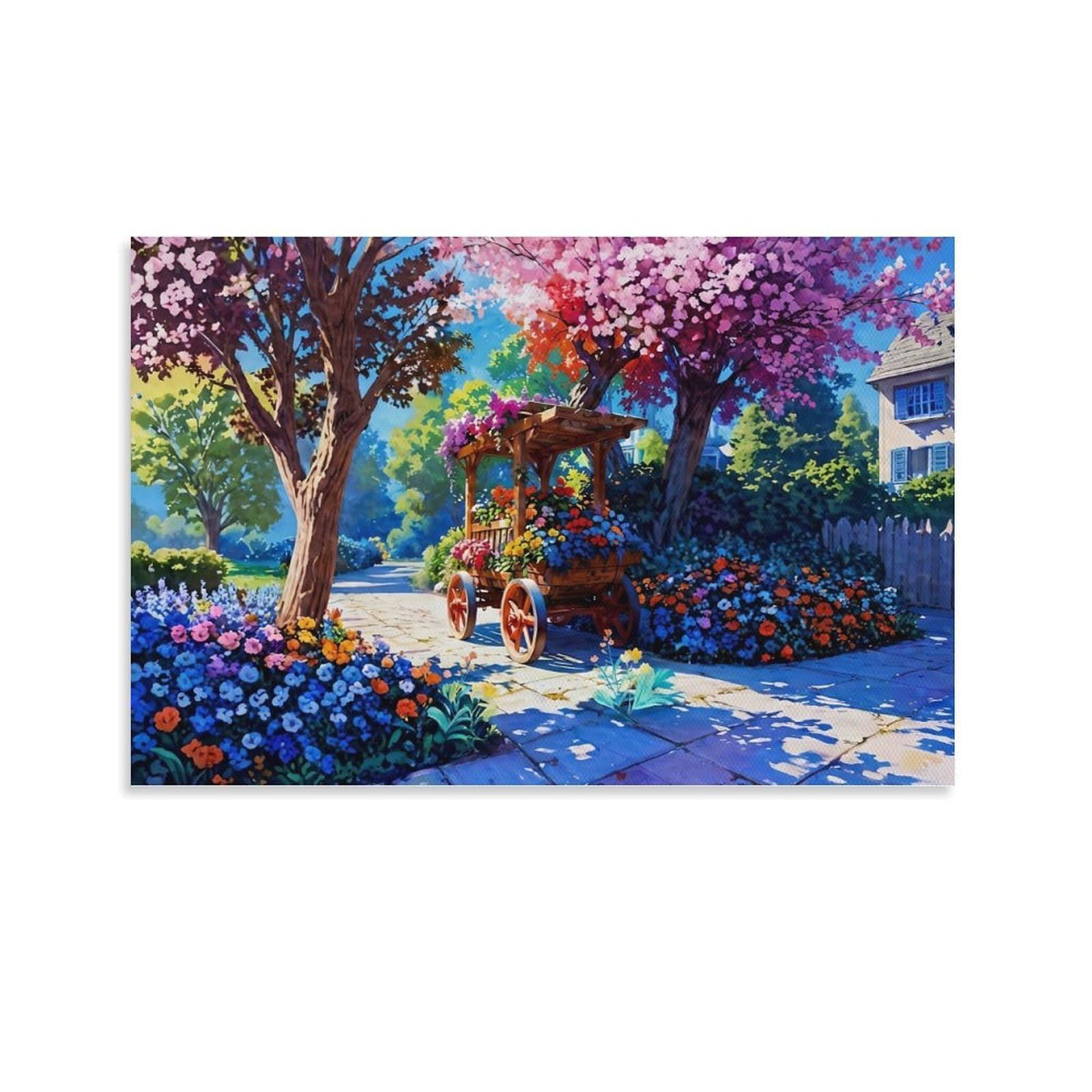 CPLVKWRQJ Spring Garden Cart Single Piece Blossom Flower Cart in Cozy Garden Path Framed Wall Art - Living Room Gallery Wall Focal Point Ready to Hang Decor 24x36inch(60x90cm)