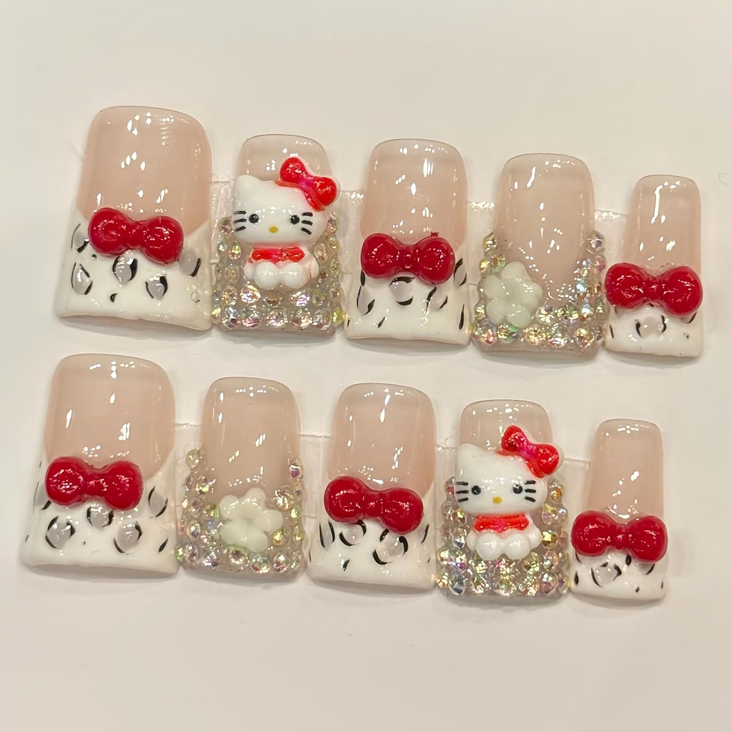 Cute Red Bow Press on Nails 10Pcs Handmade 3D Cartoon Nail Art, Nude White Glitter Fake Nails Short Square Shape, Girly Glue on Nails for Women Teens, Kawaii Acrylic Nail Tips