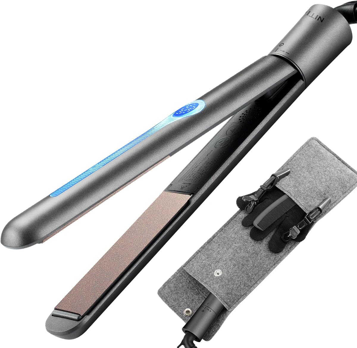 Plancha de pelo Cerámica Turmalina Plancha plana LCD MCH 10s Calentamiento rápido. Placa flotante 3D lisa de 1" Herramientas de alisado saludables. Bolsa de viaje. Doble voltaje. Caja de regalo de lujo. Negro