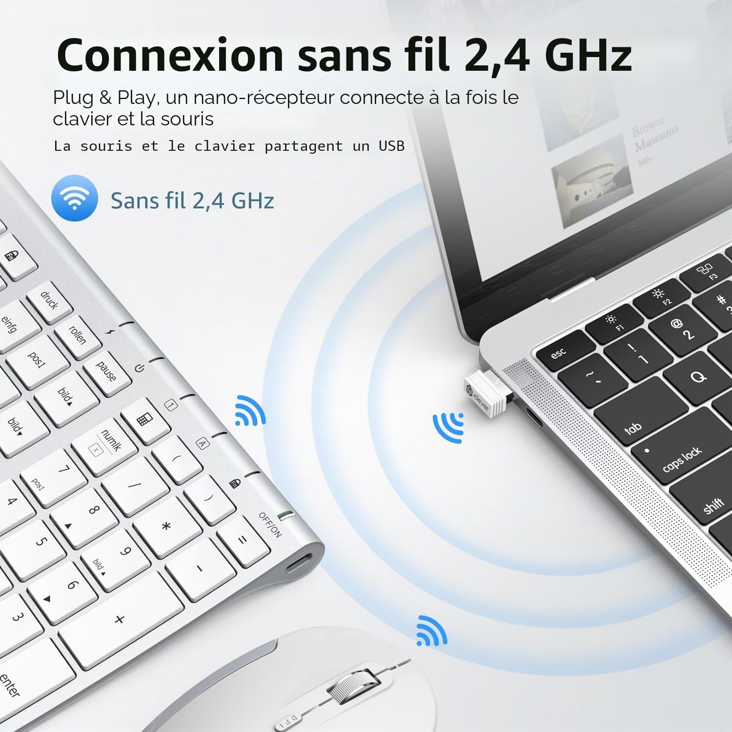 iClever Ensemble clavier et souris sans fil, clavier et souris sans fil 2,4 G, USB-C rechargeable, taille originale, clavier fin, fin et résistant pour Windows 7/8/10, Mac OS