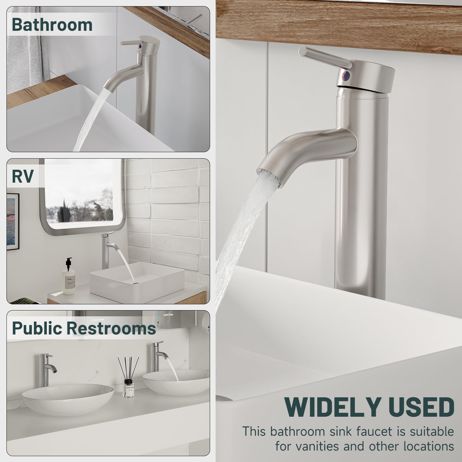 Brushed Nickel Bathroom Faucet, Greenspring Vessel Sink Faucet One Hole Single Handle Sink Faucets Modern Commercial Lavatory Vanity Bowl Faucets with Pop Up Drain and Supply Line, Brass, Tall Body
