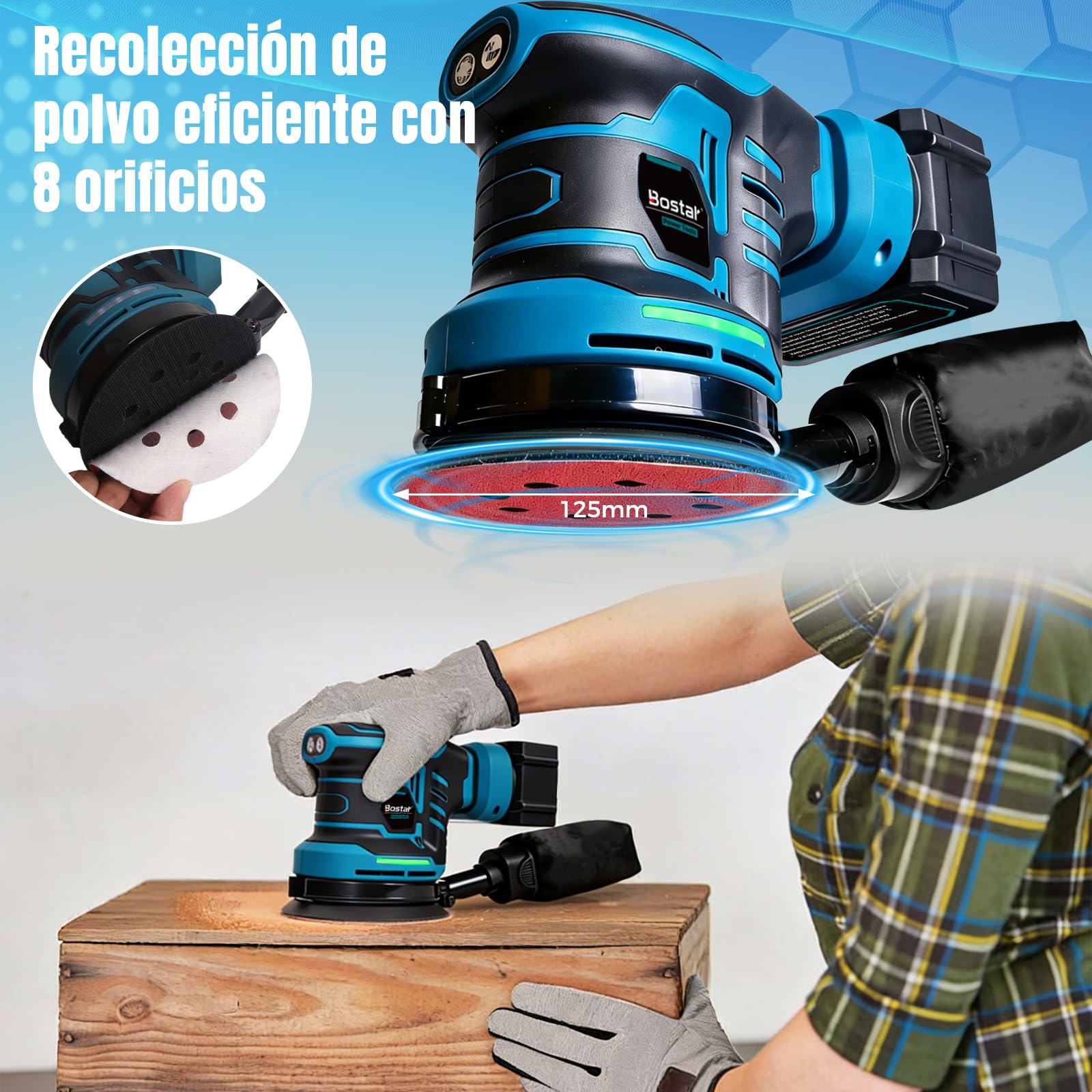 Bostar Lijadora Excéntrica de Batería 18V, Motor Sin Escobillas Ø 125mm, Set con 2x Baterías 3.0Ah (BMS), 21.000 OPM, 6 Niveles Digitales, Compatible con Batería Makita 18V LXT, Madera y Pulido Coche