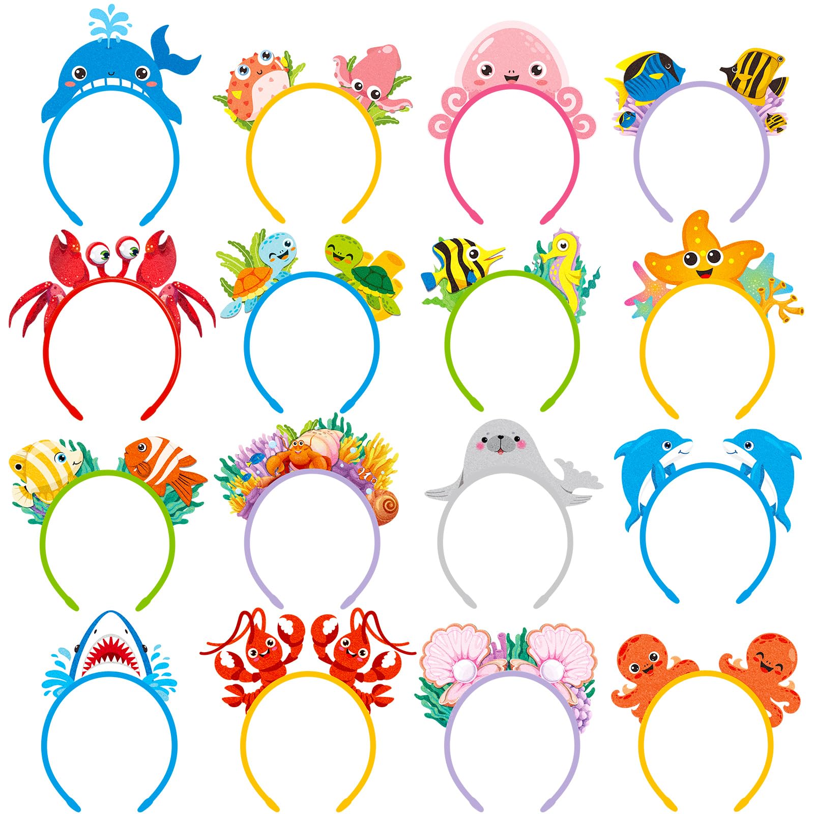 Blosssound 16 Pieces Ocean Animals Headbands Bulk Felt Under The Sea Hair Accessories Sea Life Headdress Underwater Headband Bulk for Ocean Party