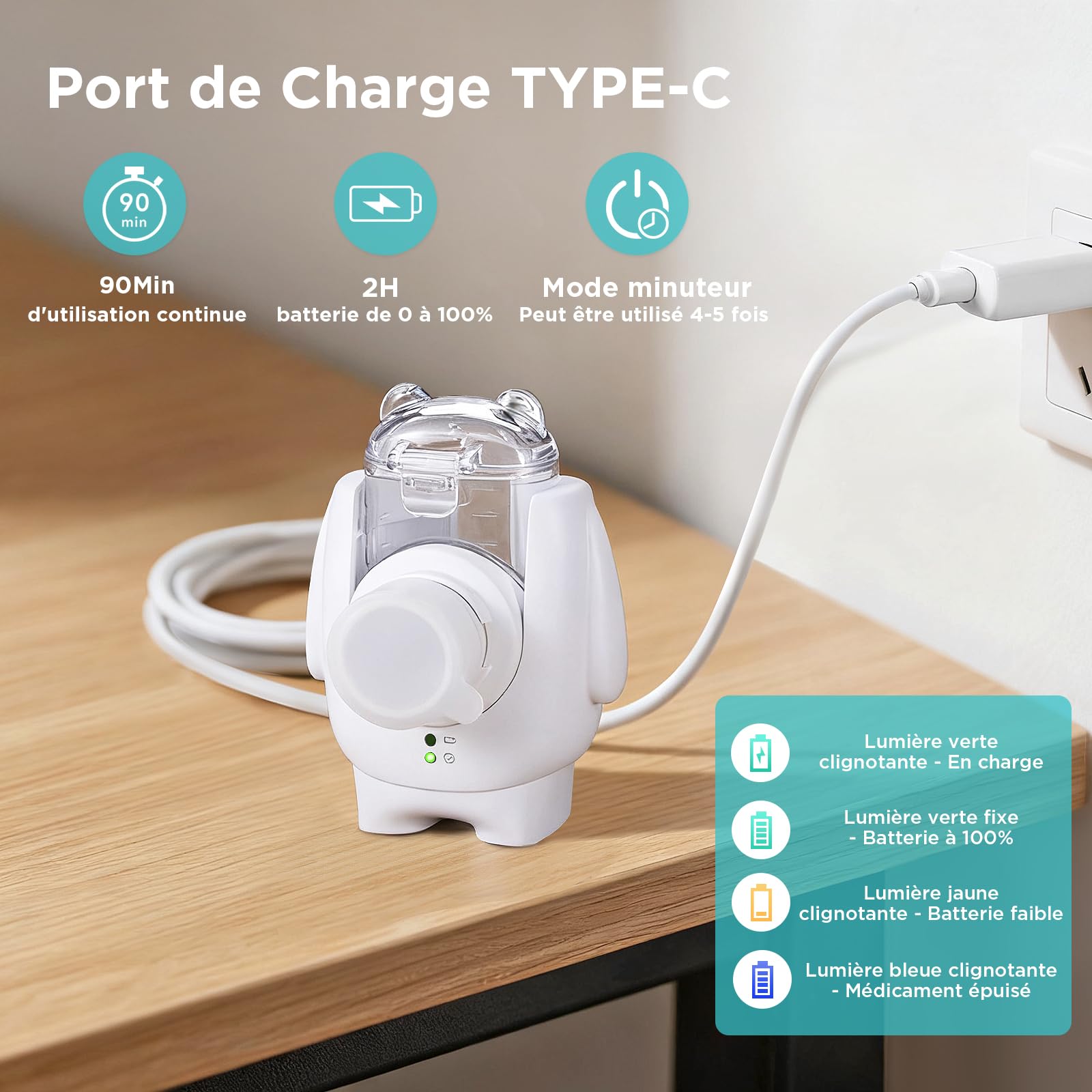 Nebulisateur Portable pour Enfant et Adulte, Inhalateur Silencieux à Technologie à Membrane Vibrante, Brume Fine 1–5 µm, Rechargeable, avec 2 Masques et un Embout Buccal, pour la Maison et en Voyage
