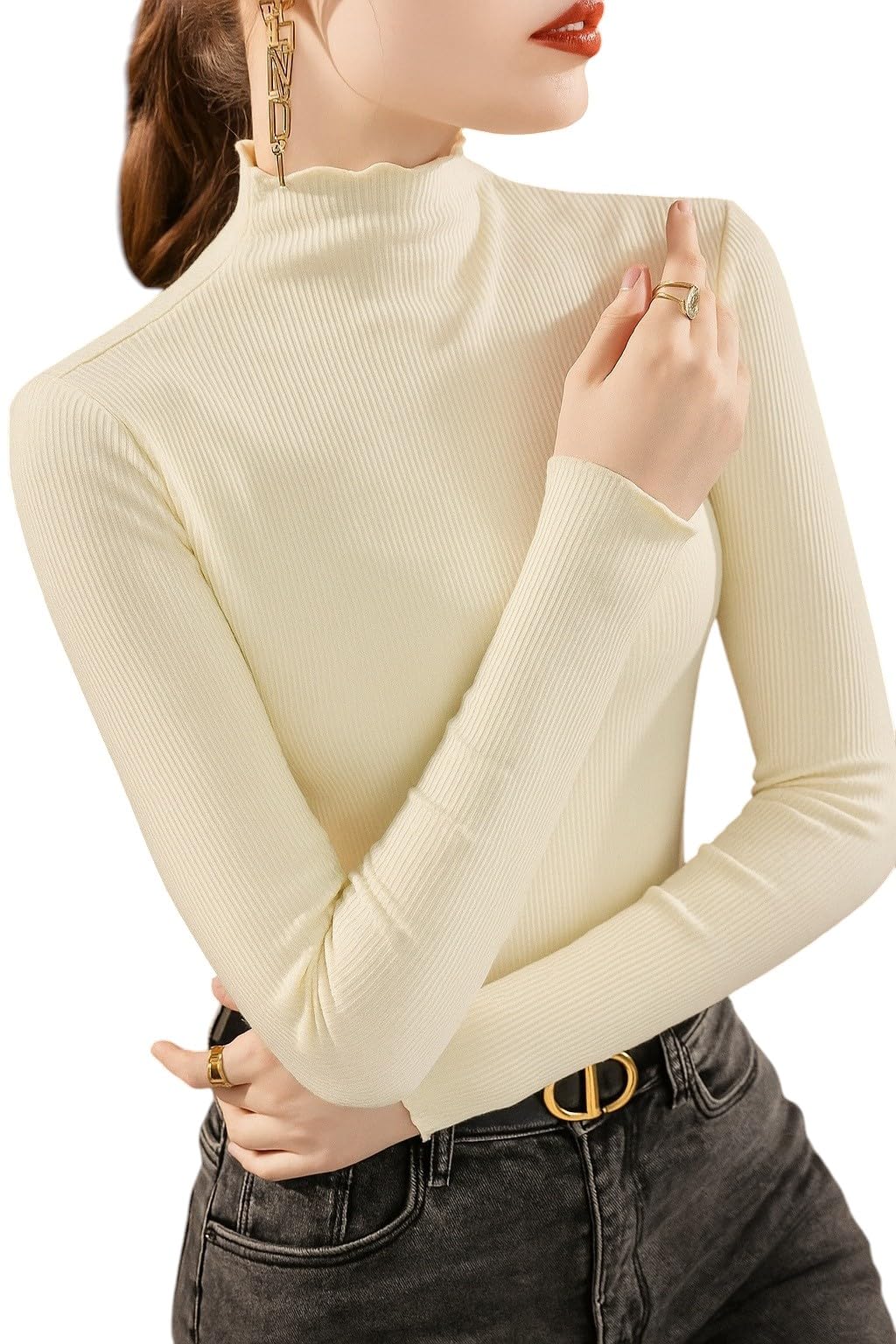 TRAQUILA Turtle Neck High Neck Tops T-Shirts for Women (Beige S
