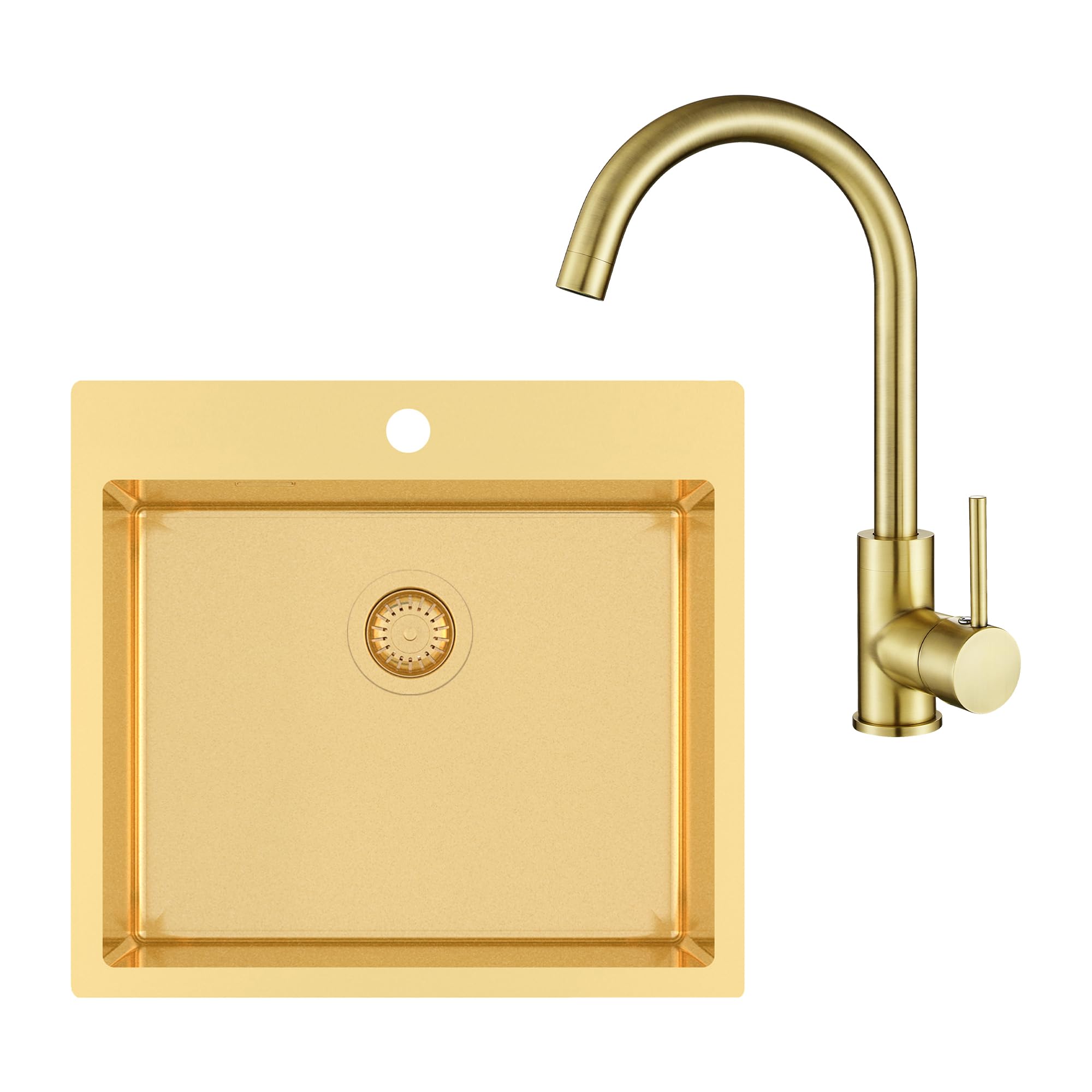 Edelstahlspüle Gurari TERRA 100 N + Küchenarmatur 5523, Einbau Spüle 550x505 mm, Gold, Rechteckiger