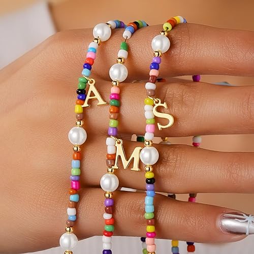 Miniatura 6 de M MOOHAM Collares coloridos con iniciales para mujer, gargantilla de perlas para mujer, colorido, letra personalizada, regalos de cumpleaños,