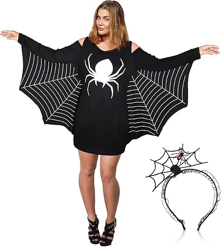 Jadive 2 Pcs Halloween Dress for Women and Spider Hair Hoop Spider Woman Costume Casual Long Sleeve Shirt Dress Black Headband