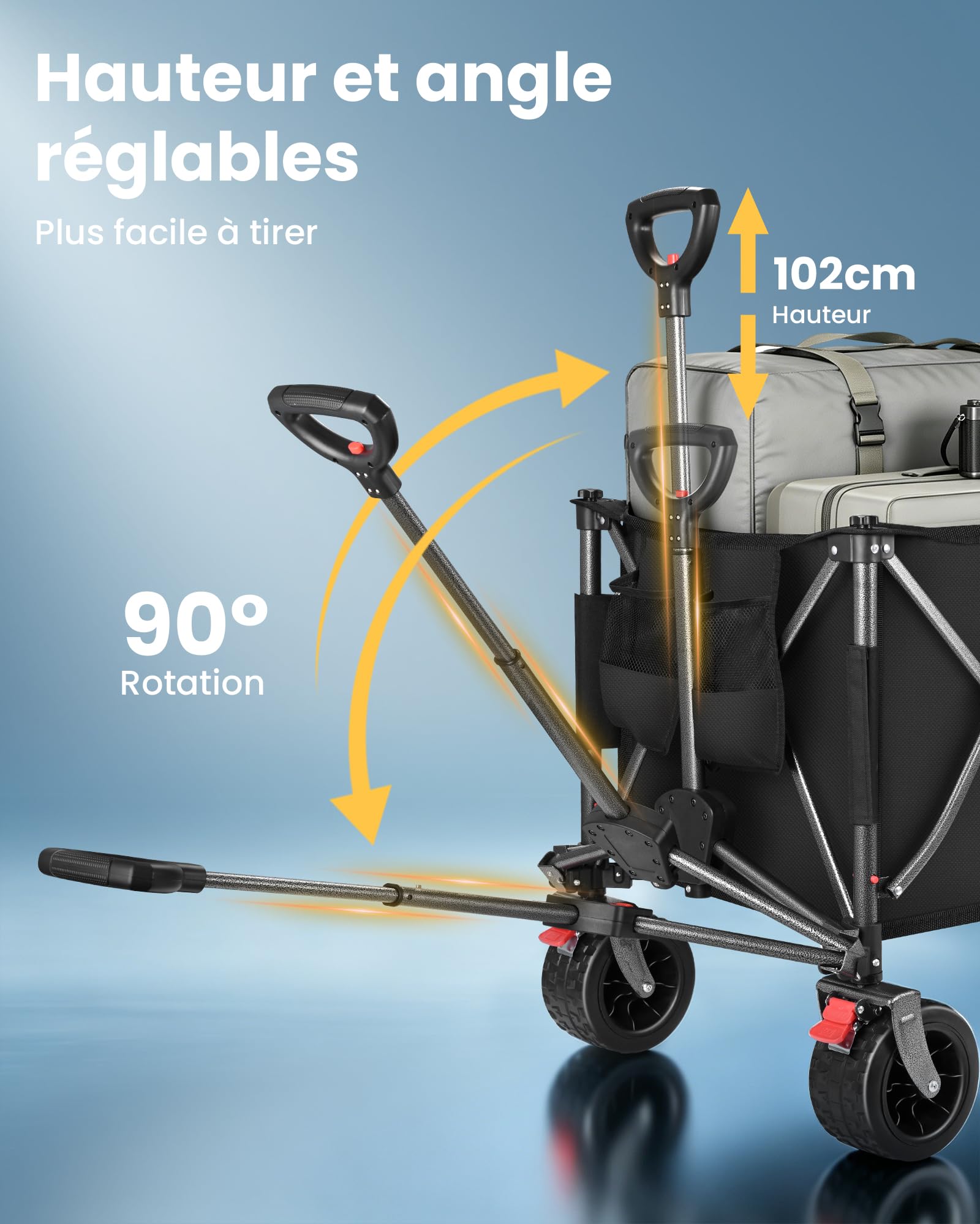 YEAUPE PRO Chariot Transport Pliable 260L 250KG, Chariot de Plage Pliable Roues Tout-terrain17x10 cm. Freins Doubles, Pliage Compact. Idéal pour Les Plages, Le Camping, Les Activités de Plein Air