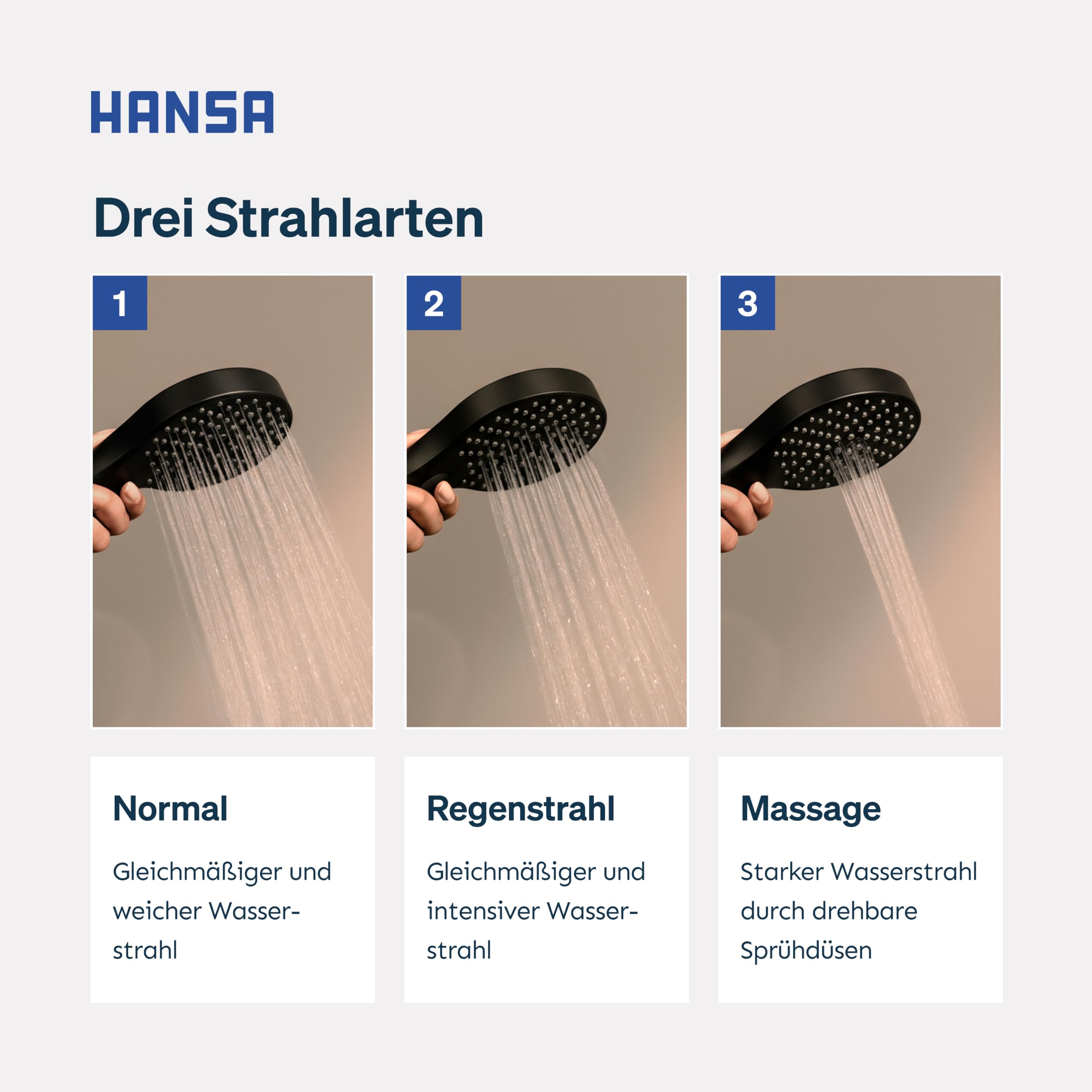 HANSA VIVA Breiter Duschkopf mit 3 Strahlarten I Handbrause Dusche | Dreistrahlig mit Druckknopf Umsteller I Anti-Kalk Funktion I Brausekopf 110 mm Durchmesser | Standard G 1/2 Anschluss | Schwarz
