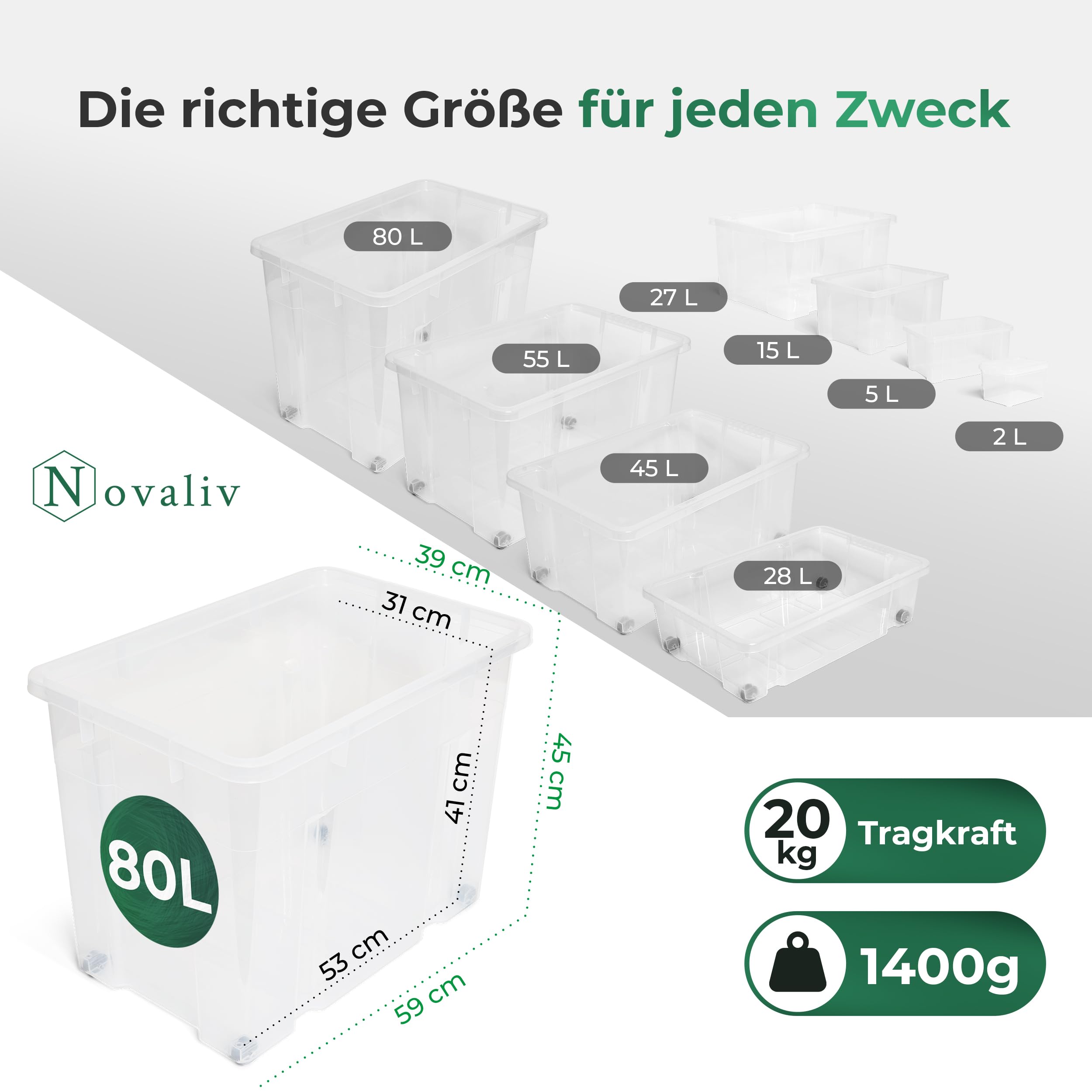 Novaliv 2x XXL Aufbewahrungsboxen ohne Deckel Groß 80L transparente nestbar stapelbar Rollboxen Kunststoff BPA-frei 59x39x44 cm