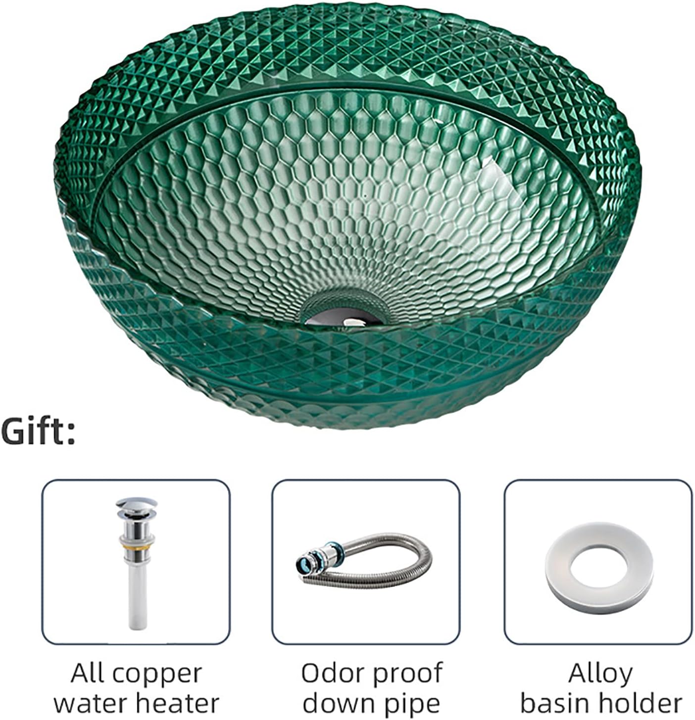 Glass Vessel Sink Round Bathroom Vessel Sink Green Artistic Vessel Bowl Sink Countertop Vanity Vessel Sink with Pop Up Drain, Mounting Ring, 400×400×160mm,Single Sink