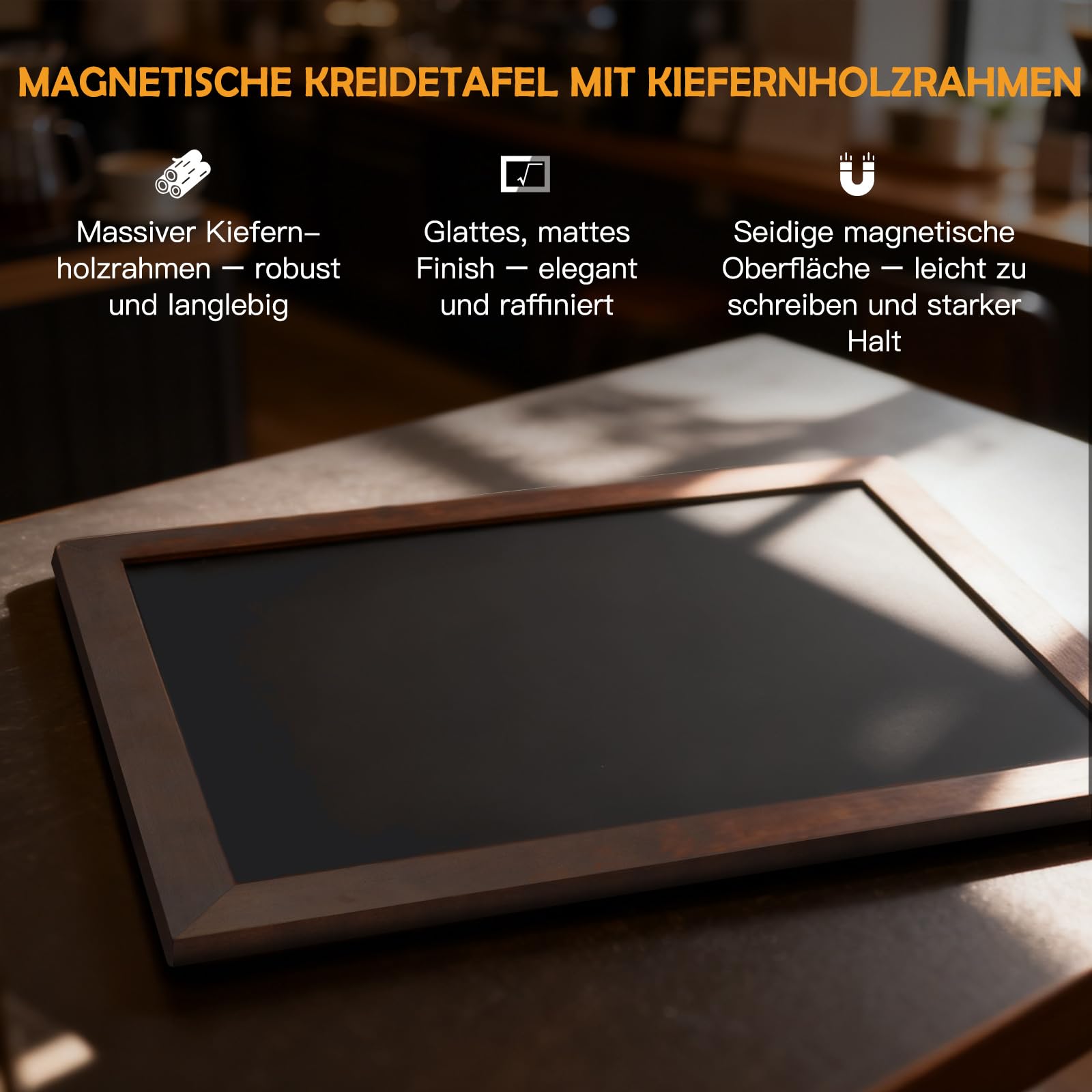 DOLLAR BOSS Magnetische Kreidetafel 60x45cm, Magnettafel Schwarz Blackboard | Rahmen aus massivem Kiefernholz, Wandtafel Kreidetafel zum aufhängen Magnetwand für Küche Bar Café und Büro, Braun