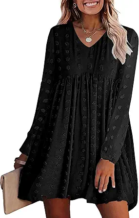 KIRUNDO Womens Dresses 2024 Spring Summer Long Sleeve Mini Dress V Neck Flowy Casual Swiss Dot Loose Babydoll Dress