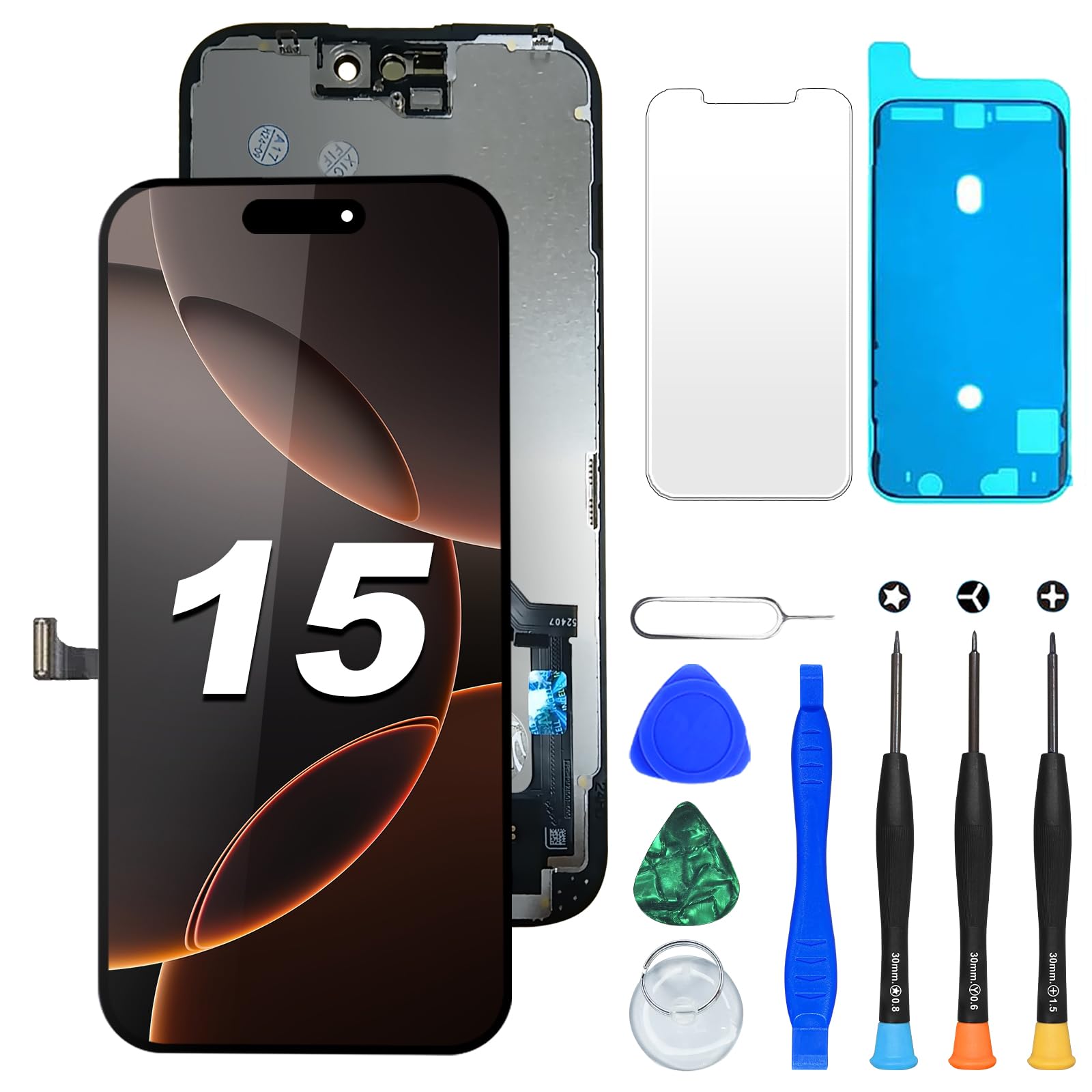 Digi4U Écran LCD de rechange pour iPhone 15, 6,1 pouces Full HD True Tone Face ID COF Retina Display pour iPhone 15 Touch Digitizer Assembly, kit de réparation pour iPhone 15 écran LCD