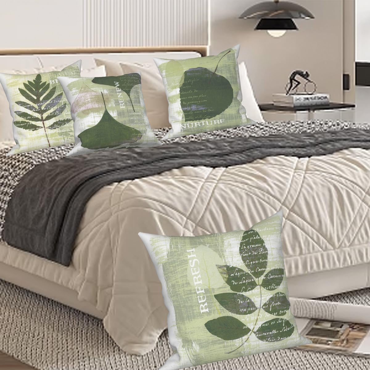4 Pcs/Set Green Leaves Throw Pillow Covers Spring Vintage Ginkgo Leaves Nature Plants Botanical Minimalist Linen Throw Pillowcases for Couch Sofa Farmhouse Decoration, 18"x18"