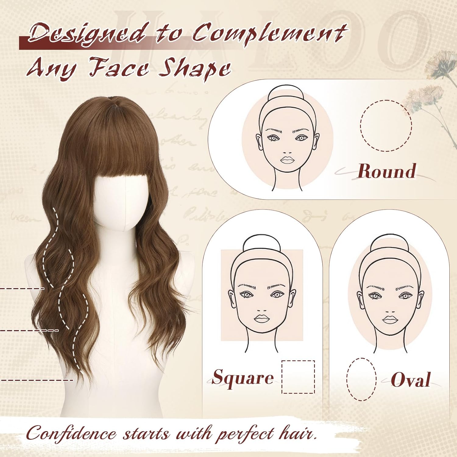 Haloo Brown Wigs with Bangs - 20 Inch Long Soft Wavy Natural Looking Synthetic Heat Resistant Hair Wig for Women Daily Party, Golden Brown