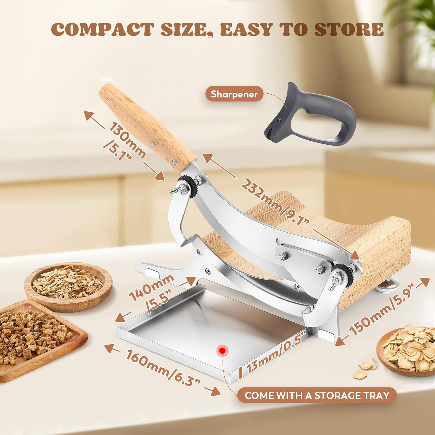Moongiantgo Biltong Slicer Chinese Medicine Radiused Beef Jerky Cutter, 0-0.5” Adjustable Thickness, Wooden Base Herb Root Cutting Machine for Ginseng Antler Gastrodiae Maca Ganoderma