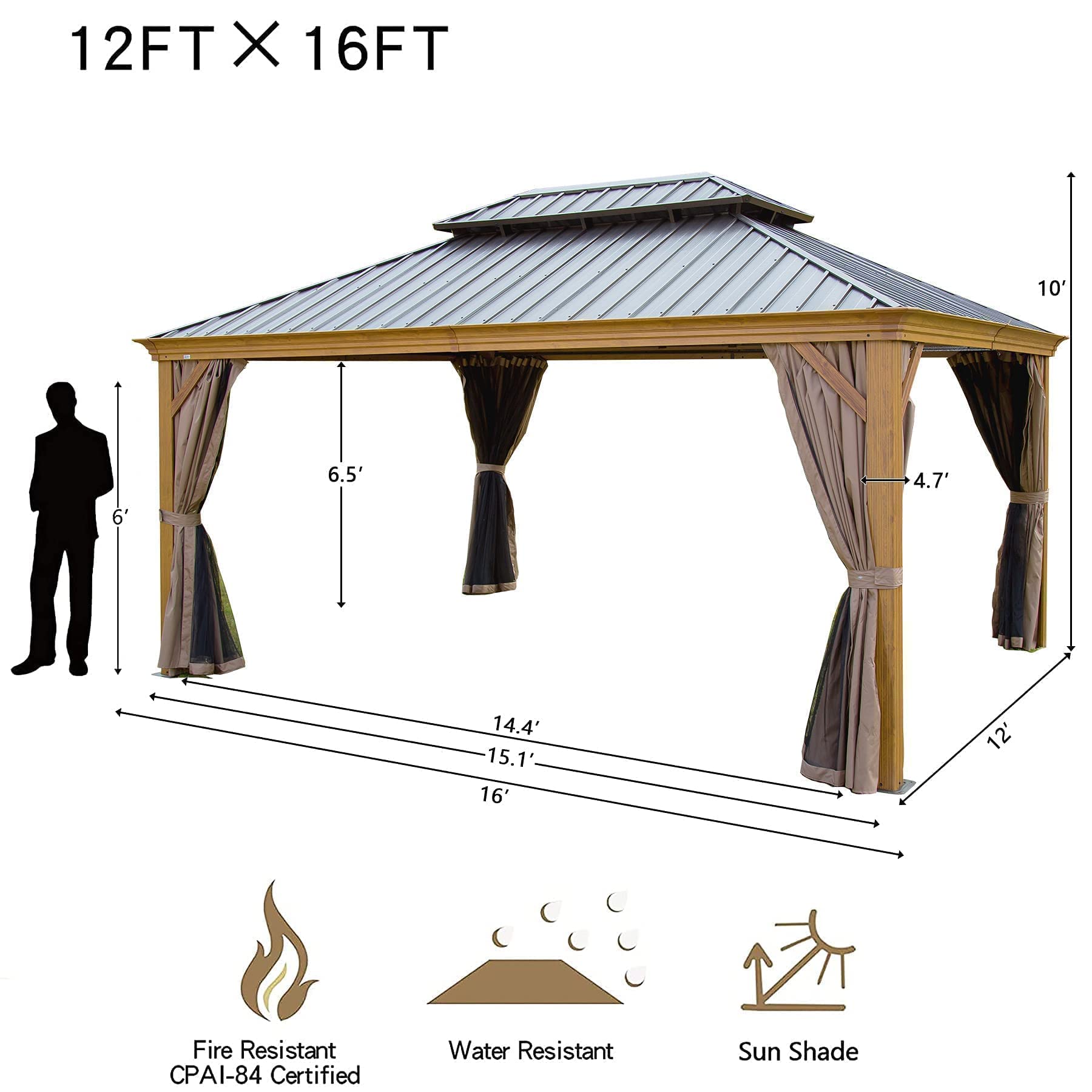 12’ x 16’ Hardtop Gazebo Outdoor Aluminum Wood Grain Gazebos with