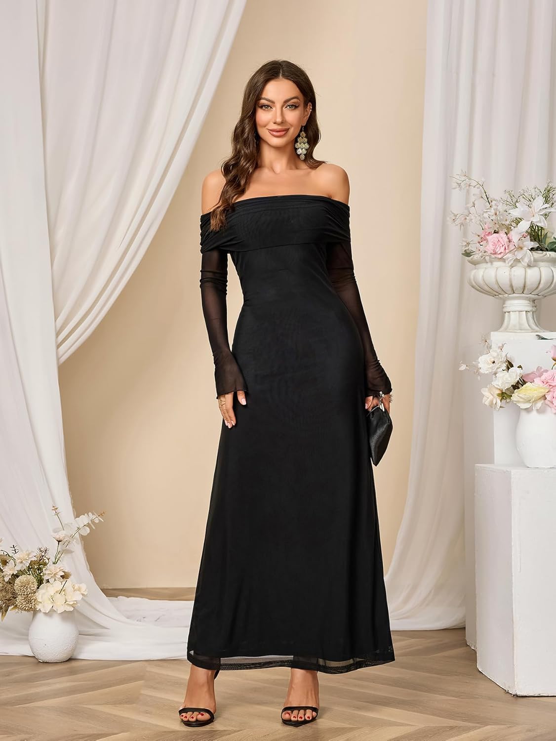 Colysmo Women Long Sleeve Mesh Off Shoulder Bodycon Maxi Dress Formal Wedding Guest Fall Dresses for Women 2025 - Image 4