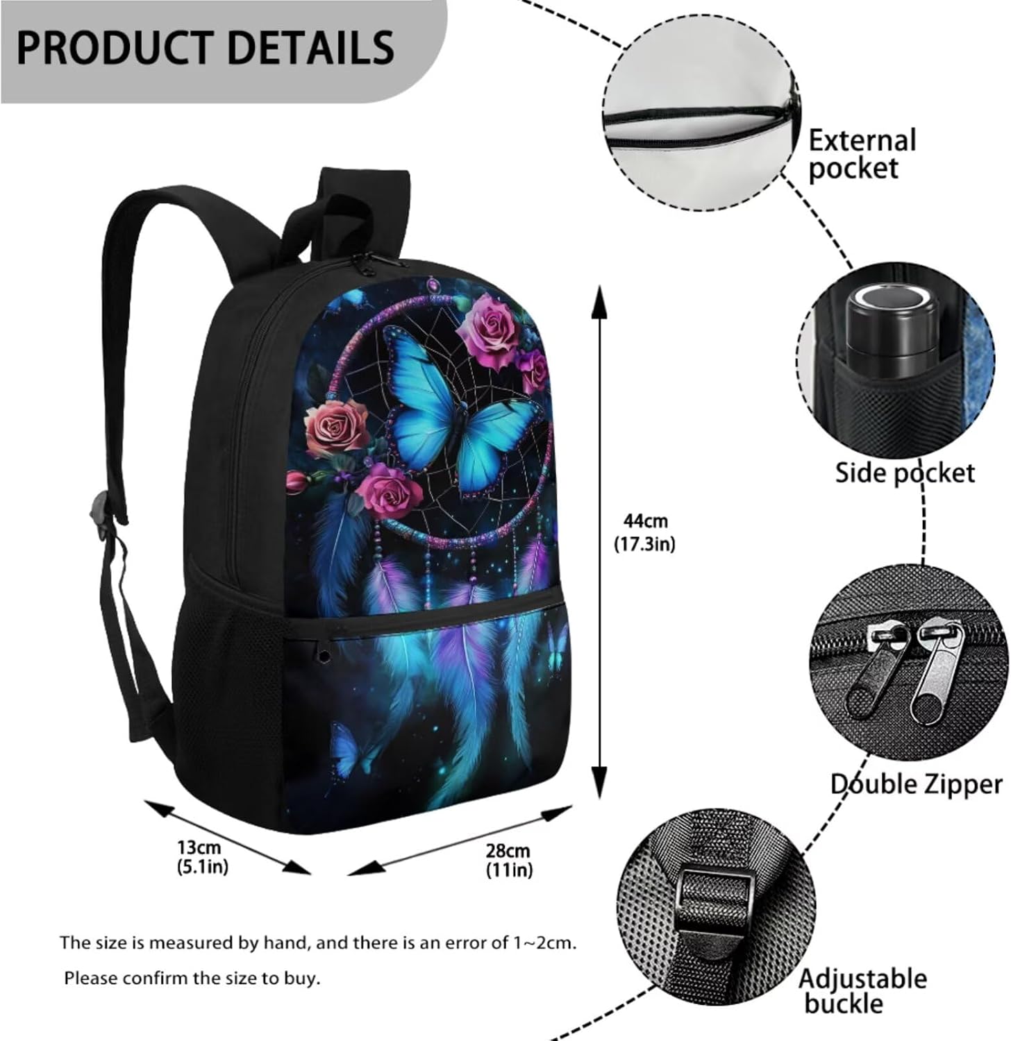 Black Girls Butterfly Backpack with Lunch Box Lightweight Kids Bookbag for Toddler Girls Age 3-5 Travel Kids Backpack with Water Bottle and Large Pencil Box 4 Pack