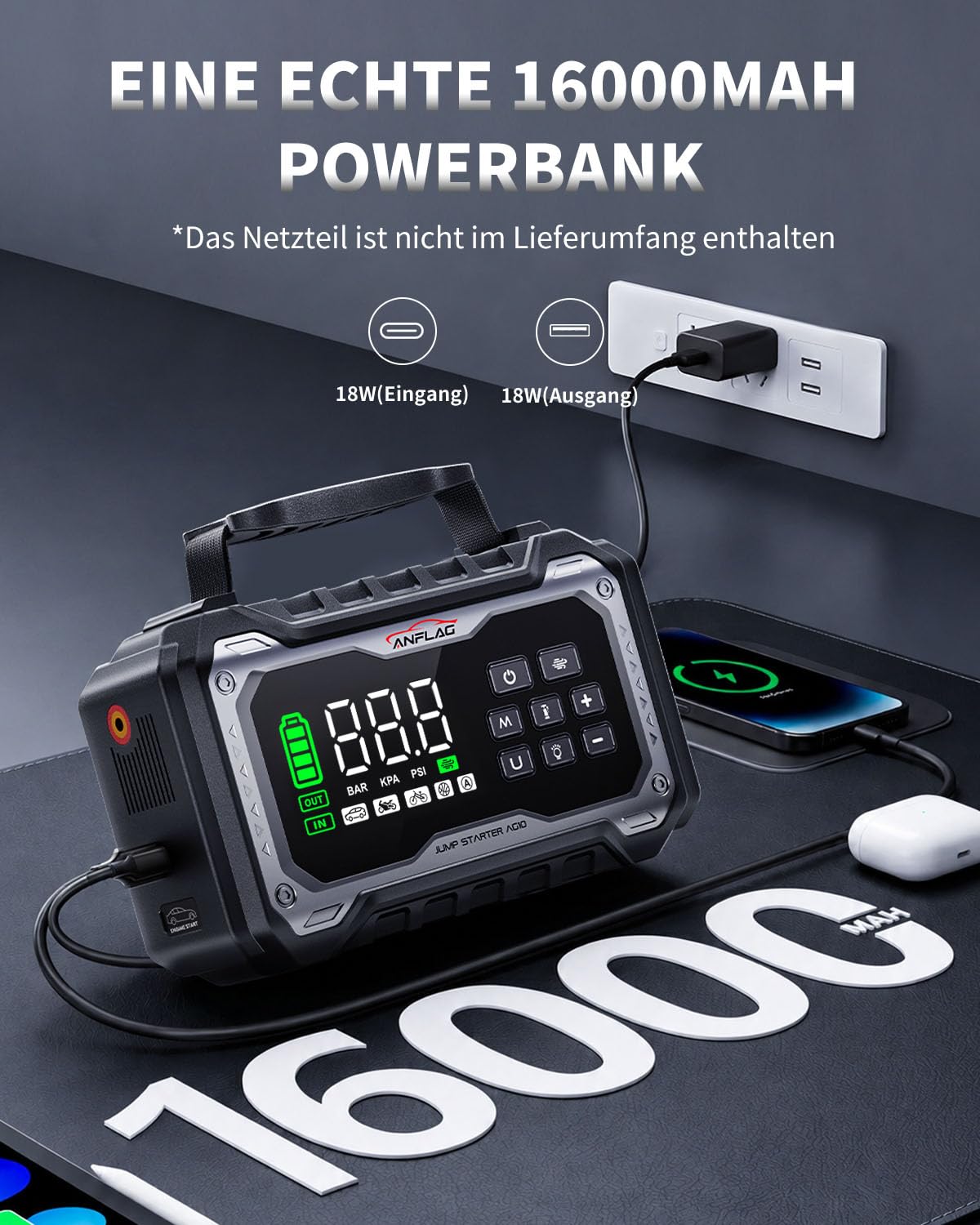 8000A Starthilfe Powerbank für Pkw mit Gebläse und 160PSI Kompressor, Auto Starthilfe Powerbank für All Benzin und 14.0L Dieselmotor, Starter Powerbank 800 Lumen LED Leuchte und LCD Display