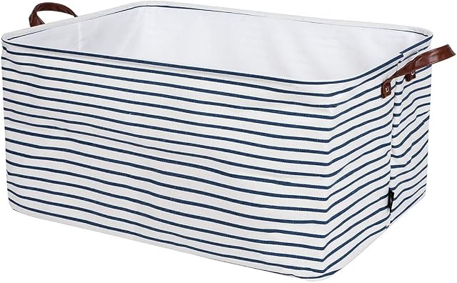 DOKEHOM 70L X-Large Storage Basket with Lid, Drawstring Canvas Underbed Storage, Collapsible Laundry Hamper for Clothes (Blue Stripe, XL)