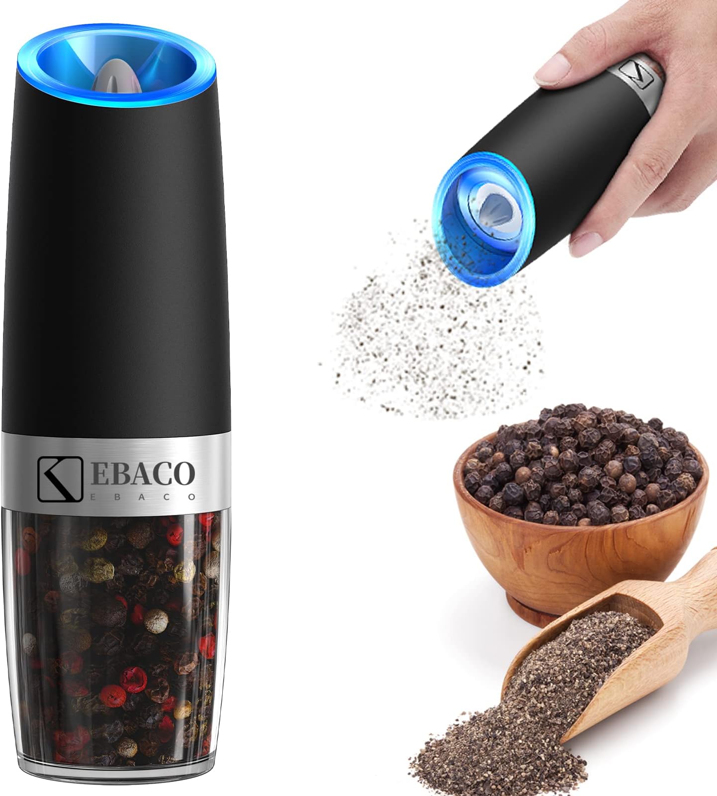Ebaco Gravity Electric Salt and Pepper Grinder-Automatic Pepper Mill Battery Operated Grinder with LED Light, Refillable and Adjustable Coarseness(1PCS)