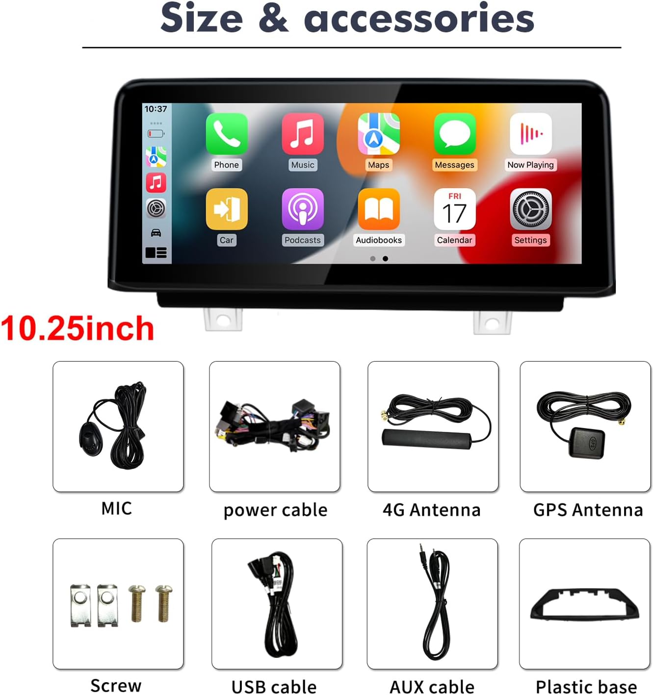 Image showing the 10.25-inch car multimedia player and all its included accessories: MIC, power cable, 4G antenna, GPS antenna, USB cable, AUX cable, plastic base, and screws.