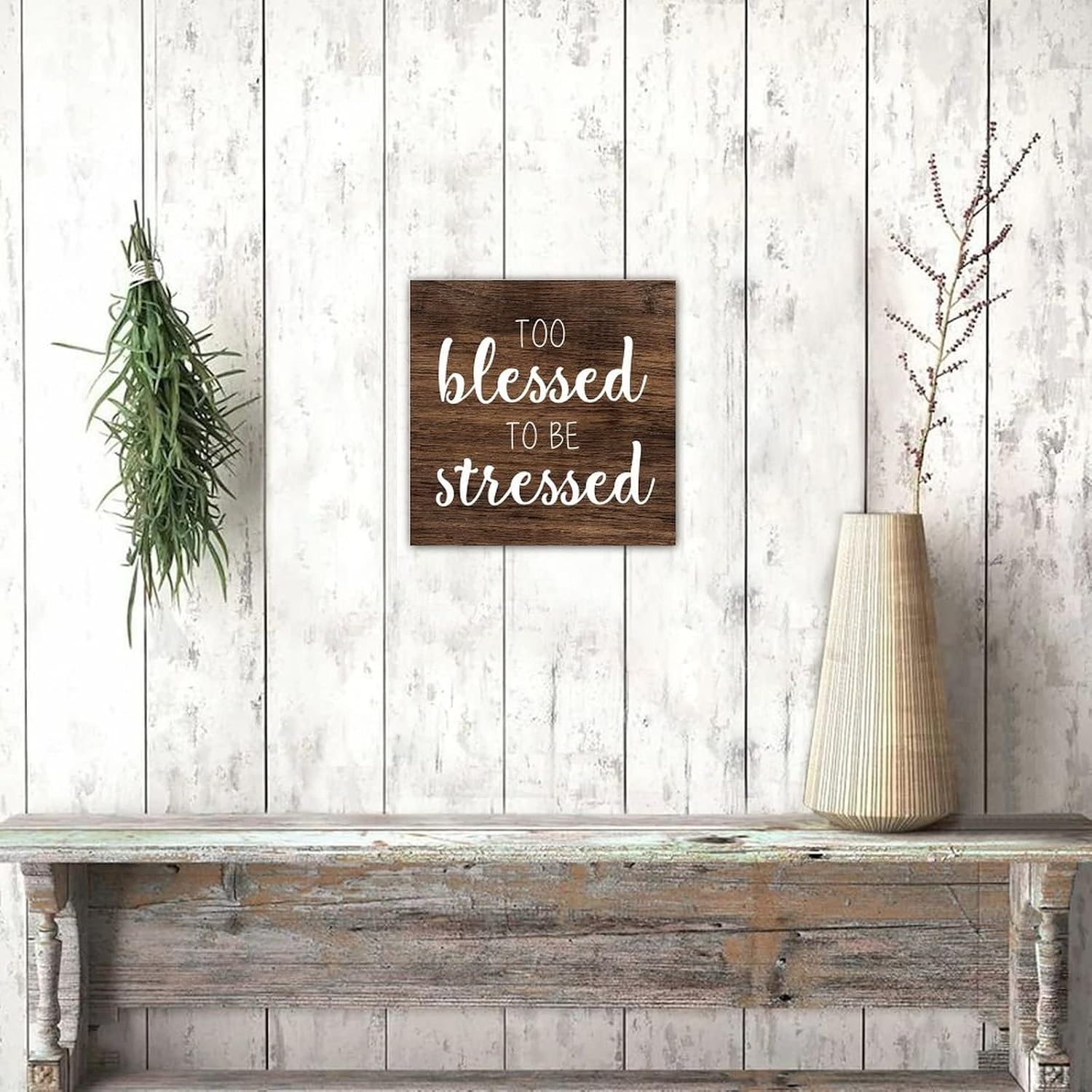 Rural Wood Sign Too Blessed to Be Stressed Decorative Wooden Family Sign Wall Hanging Door Sign Countryside Wood Wall Plaque for Lake House Tabletop Wall Decorations 12 Inch