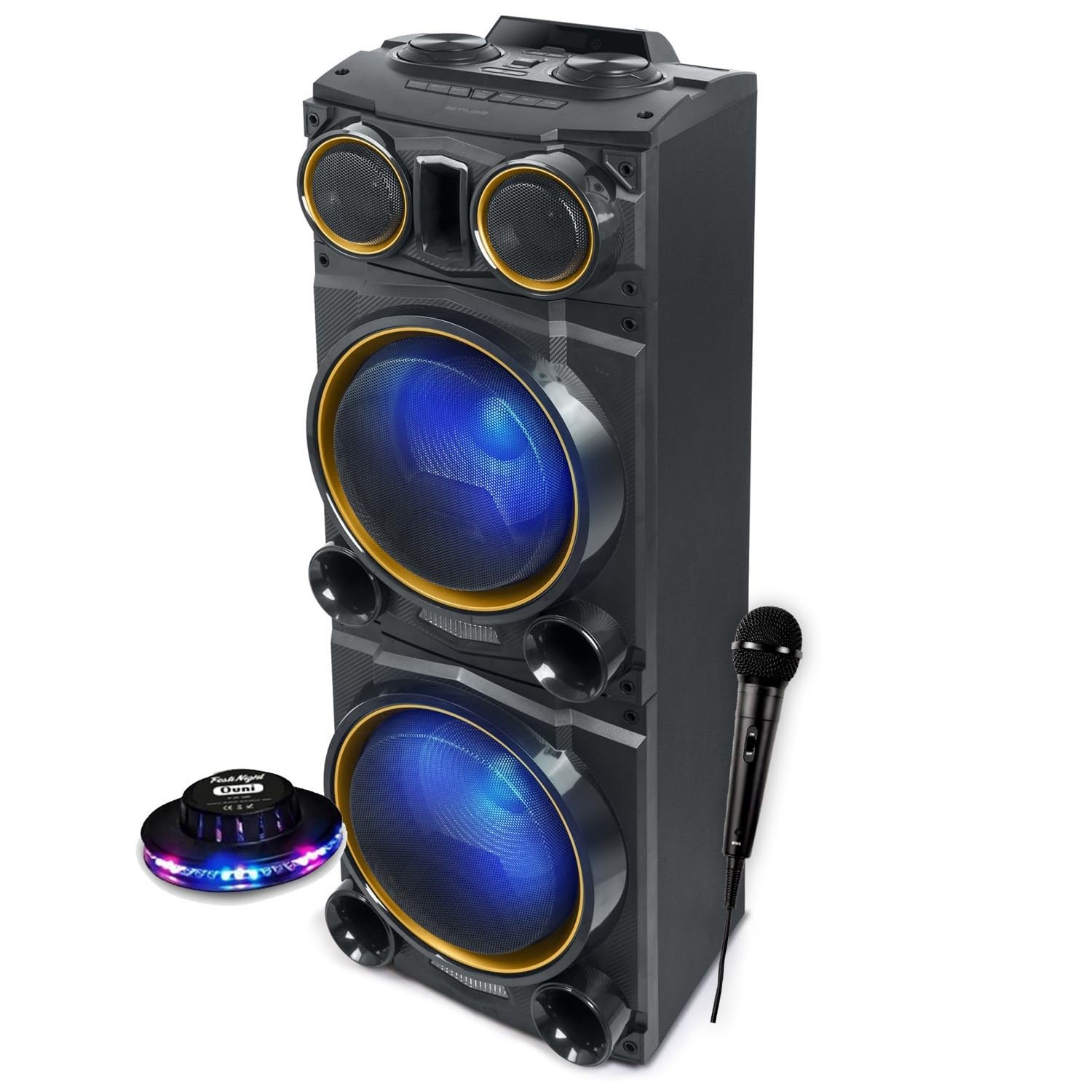 Enceinte Sono Party Box Muse M-1988 DJ, 800W, Effet LED multicolore et clignotante, USB/Bluetooth/Radio FM - 2 AUX, Lumière OVNI