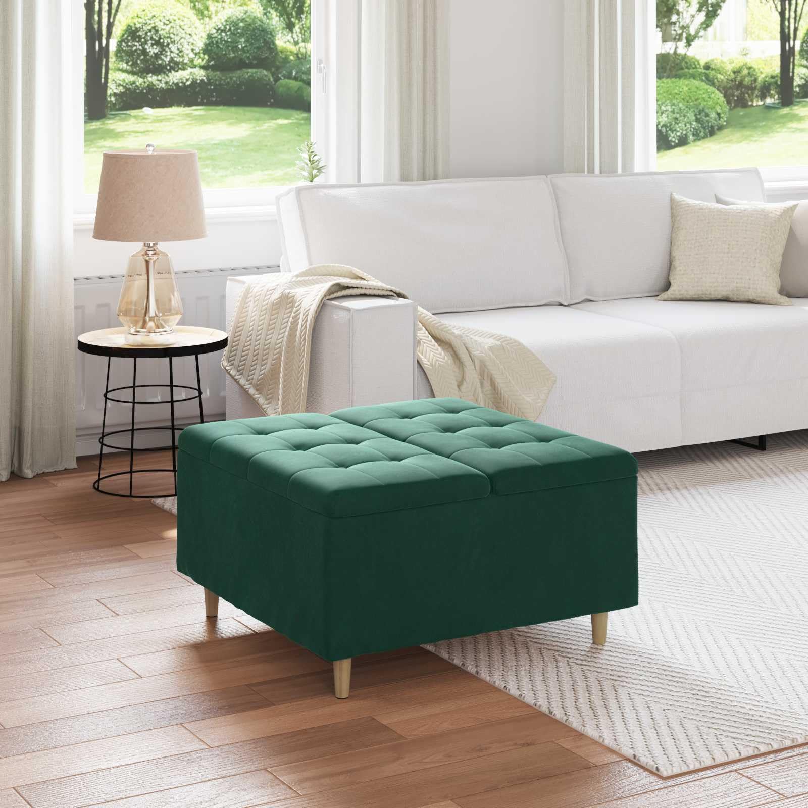 Ottomana con vano portaoggetti, verde scuro, 80 x 80 x 45 cm