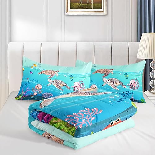 Miniatura 8 de XYNHML - Juego de edredón de tortuga con aguada oceánica, juego de ropa de cama de tortuga para cama individual, juego de cama con peces tropicales