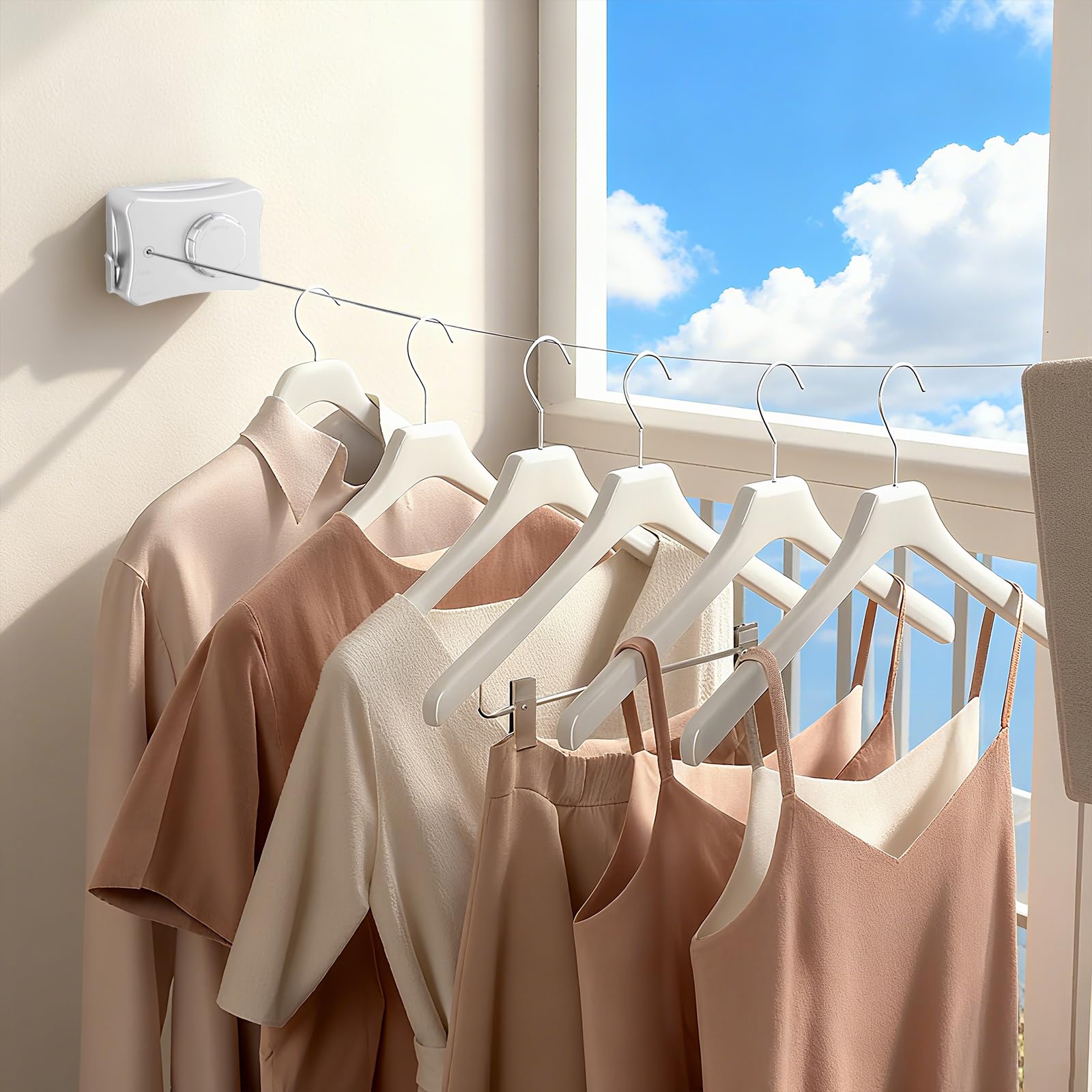 Retractable Clothesline for Outdoor & Indoor Use, 16.73 Ft Heavy Duty Retracting Clothes Line with Single Stainless Steel Rope - Laundry Drying Rack for Bathroom, Outside Areas (White)