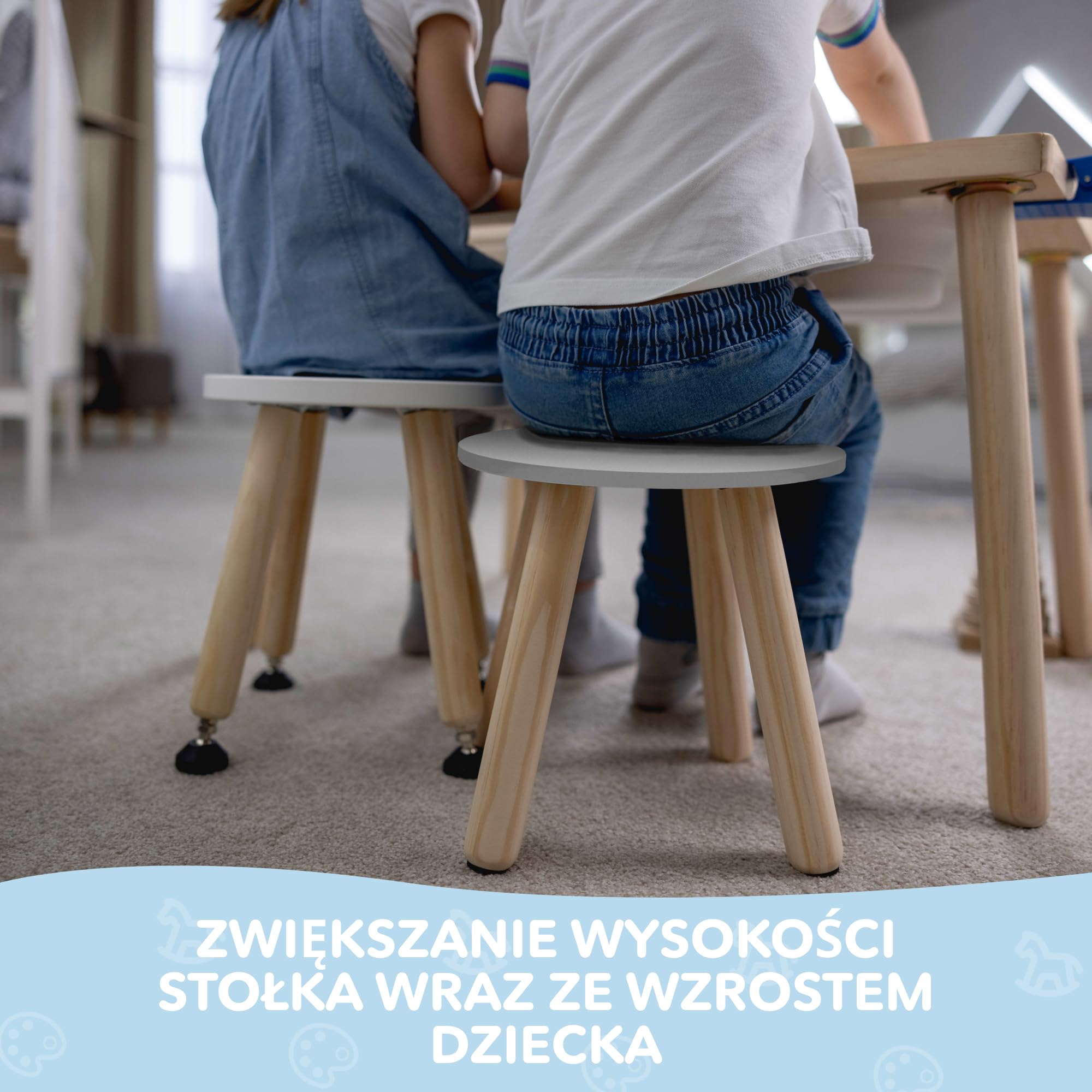 Cateam Drewniany stołek ze stopniem dla dzieci i małych dzieci - Zestaw 2 sztuk - Biały - Krzesło dziecięce z rozkładanymi nogami - Stołek sensoryczny - Okrągły stołek do siedzenia dla dzieci
