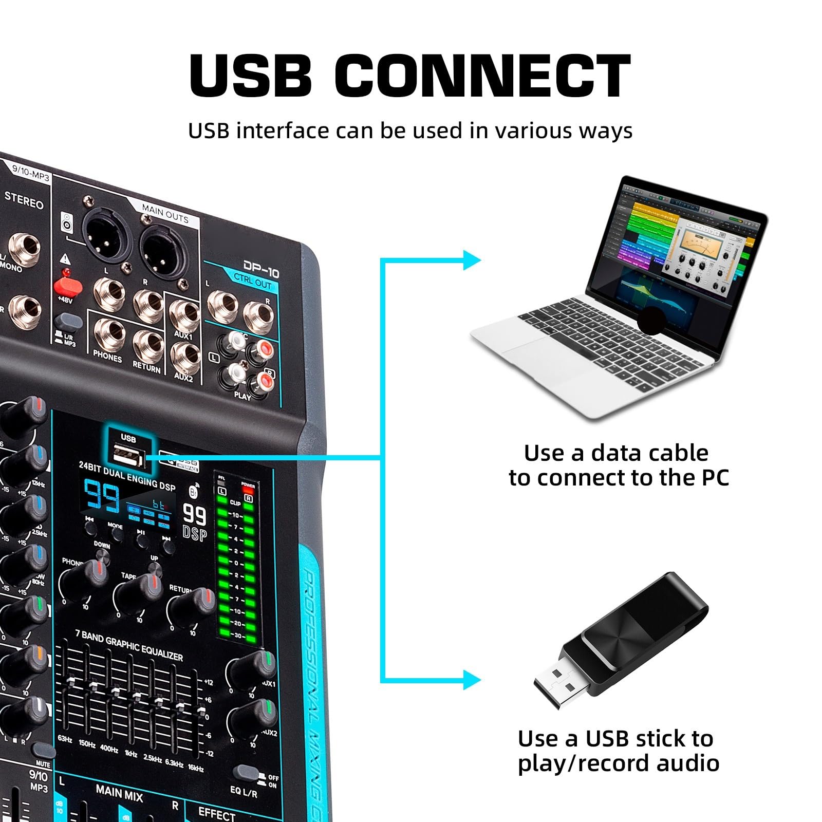 DP-10 Mezclador de audio Controlador DJ Mezclador de grabación de reverberación 99 DSP de 10 canales con Bluetooth,Compatibilidad Universal