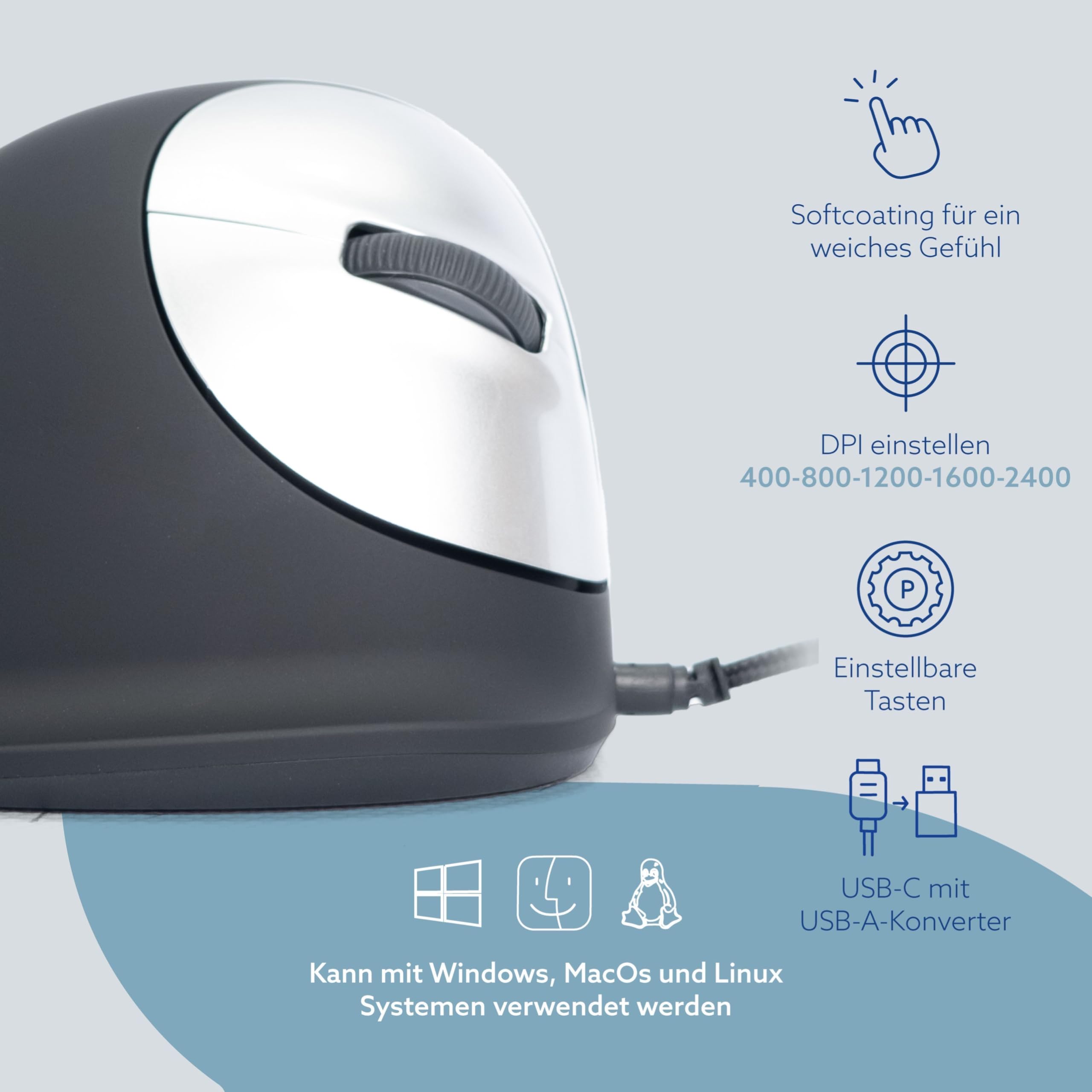 R-Go HE Ergonomische Maus, Für große Hand, Mit Break-Software, Stilles Klicken, (USB C Kabelkabelgebunden + USB A Konverter), 2400DPI, 5 Tasten, Vertikale Ergo Maus für Windows/MacOS