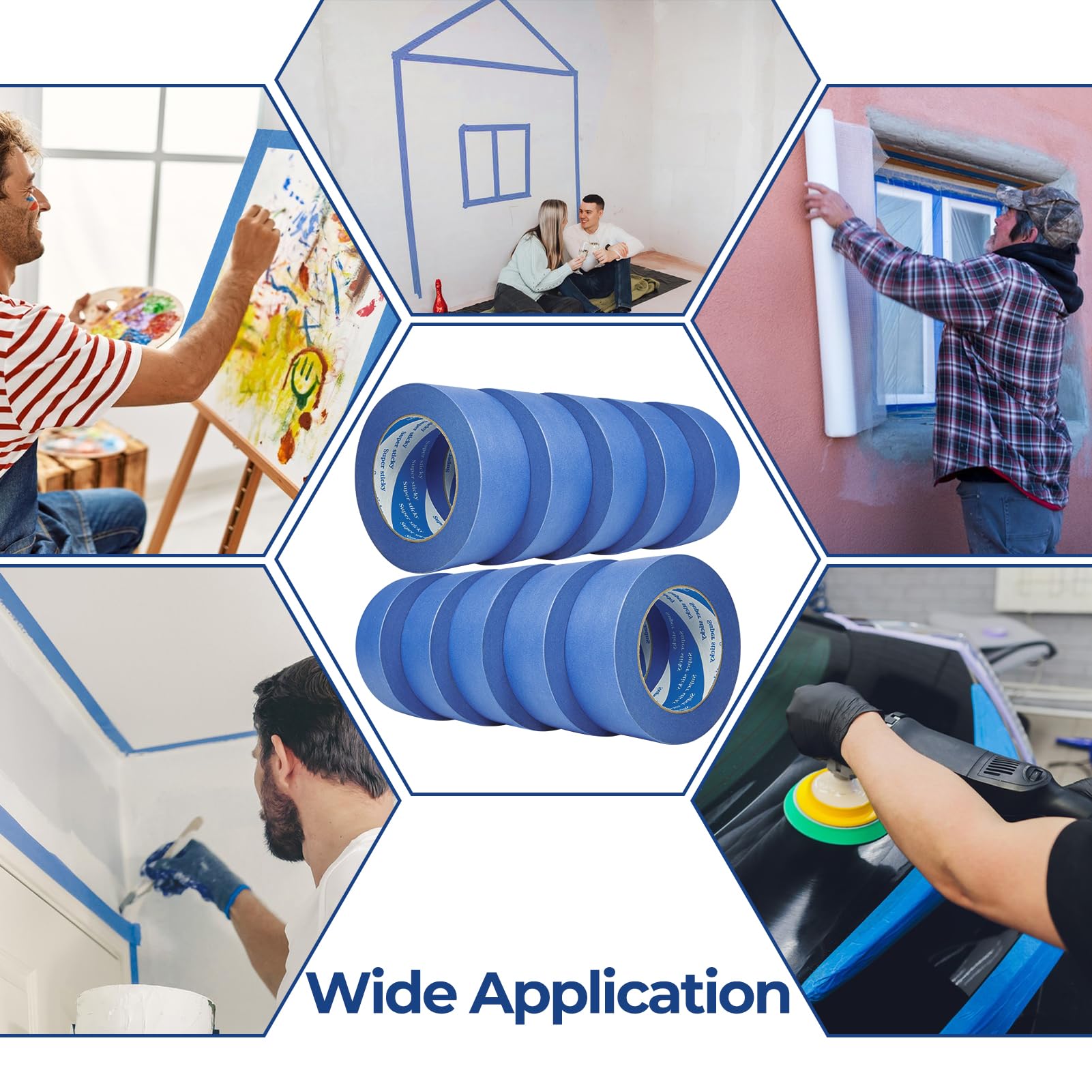 10 rollos de cinta de pintor azul de 2 pulgadas, cinta maestra de enmascaramiento a granel de 60 yardas, cinta adhesiva de pared sin residuos, cinta de pintor multisuperficie para pintura de pared