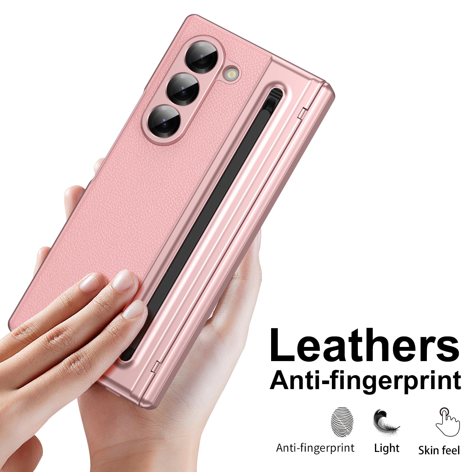 Custodia per Galaxy Z Fold 5 con penna stilo e slot per penna, cover protettiva con cerniera, protezione per lo schermo integrata, custodia in pelle per Samsung Galaxy Z Fold5-Rosa