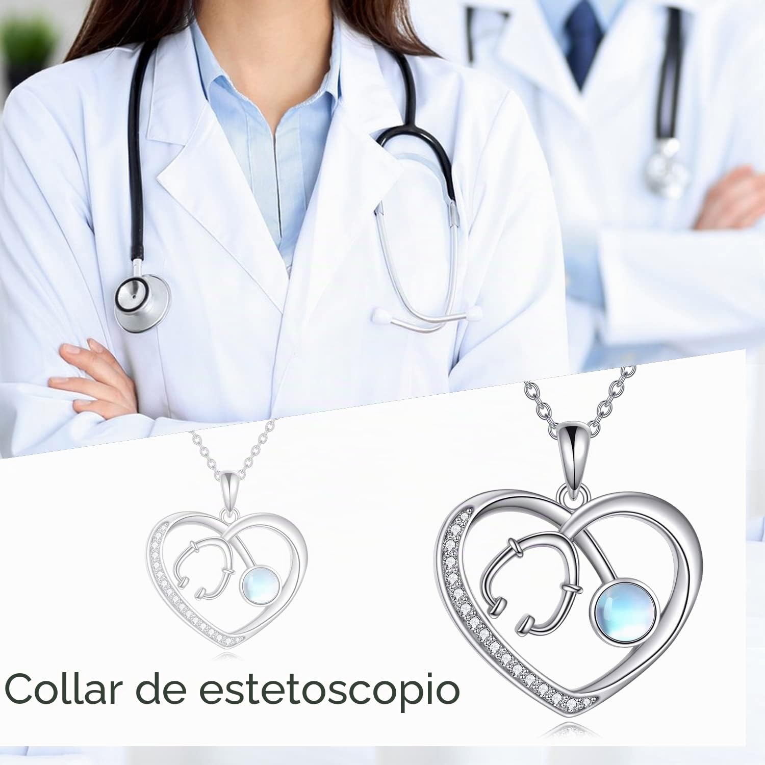 DAYLINLOVE Collar Estetoscopio Plata Ley 925 Regalos Enfermera Collar Colgante En Forma Corazón Piedra Lunar Joyería Enfermería Regalos para Enfermera Médico Estudiante Medicina