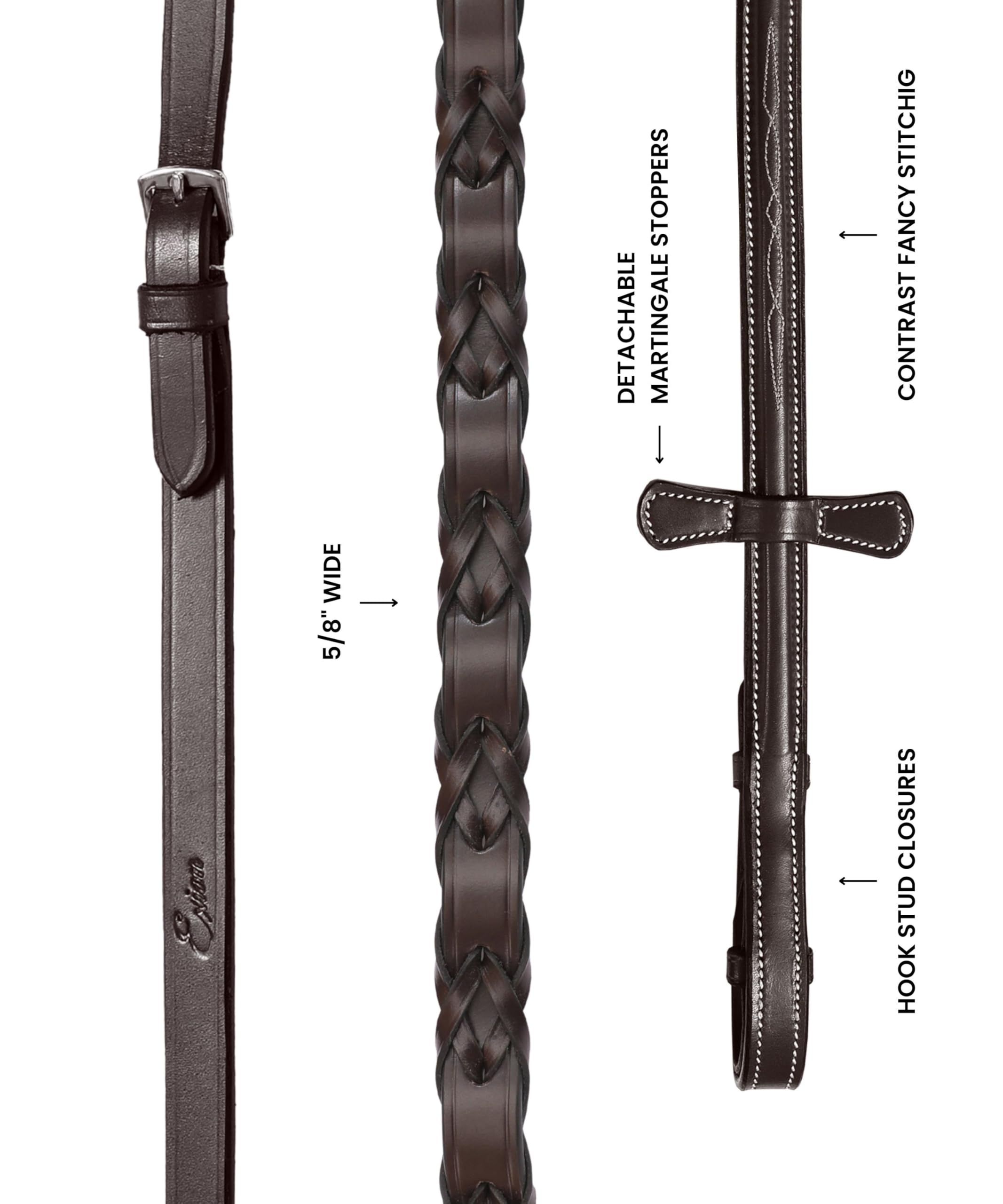 Riendas de Caballo con Dos Cordones levantadas de Lujo de Cuero con Tapones de martingala | Costuras Elegantes Blancas | Extra Duradero y de Alta Resistencia | Marrón Oscuro
