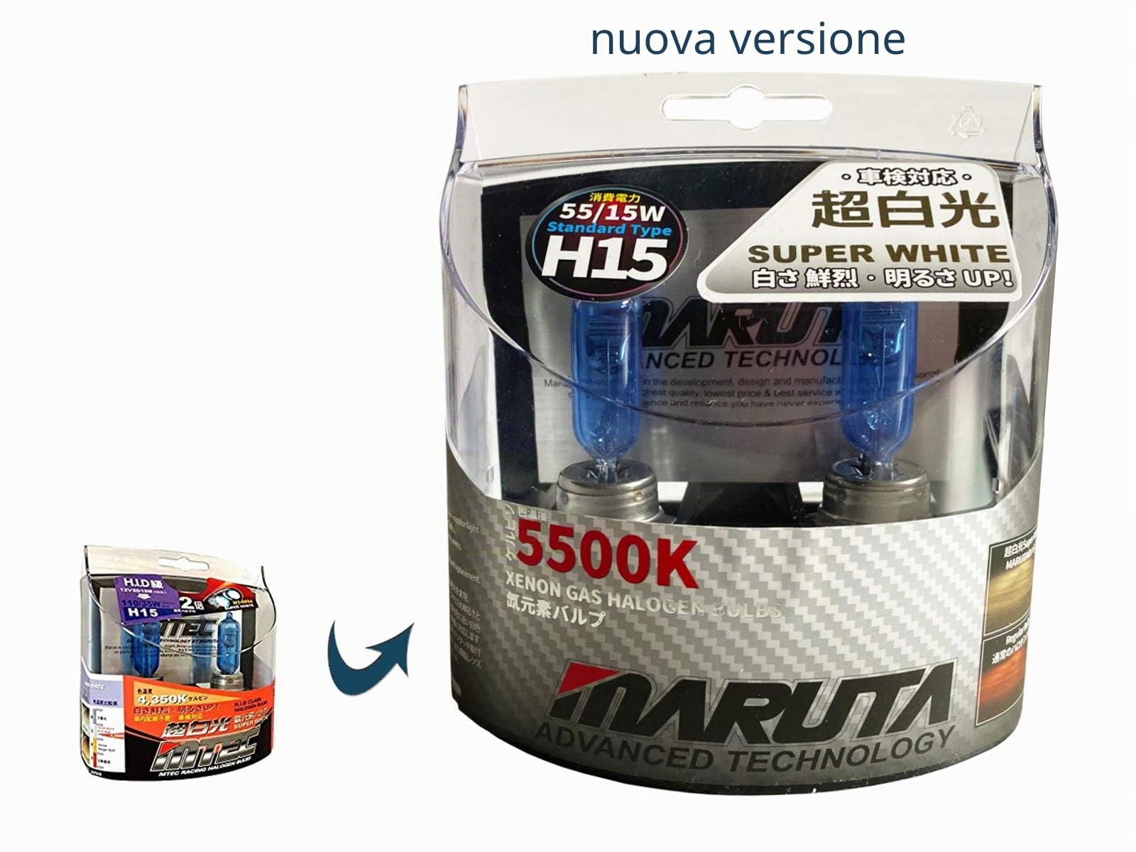 MARUTA Super White H15 - Lampadina alogena da 55/15 W, per abbaglianti e luci di marcia diurna, effetto xeno 5500 K, resistente allo xeno, vetro al quarzo, omologata ECE