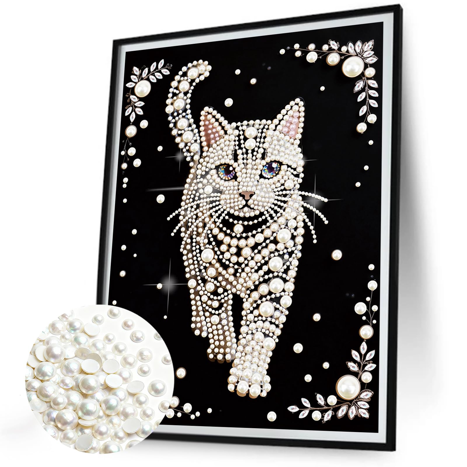 Aodejoy 5D Pearl Painting Kit Without Frame, 30x40cm DIY Pearl Gem Art Diamond Painting Kit for Adults, Creativity DIY Pearls Dot Paintings, Home Decor Diamond Dots Paintings Picture Arts Craft-Cat-1