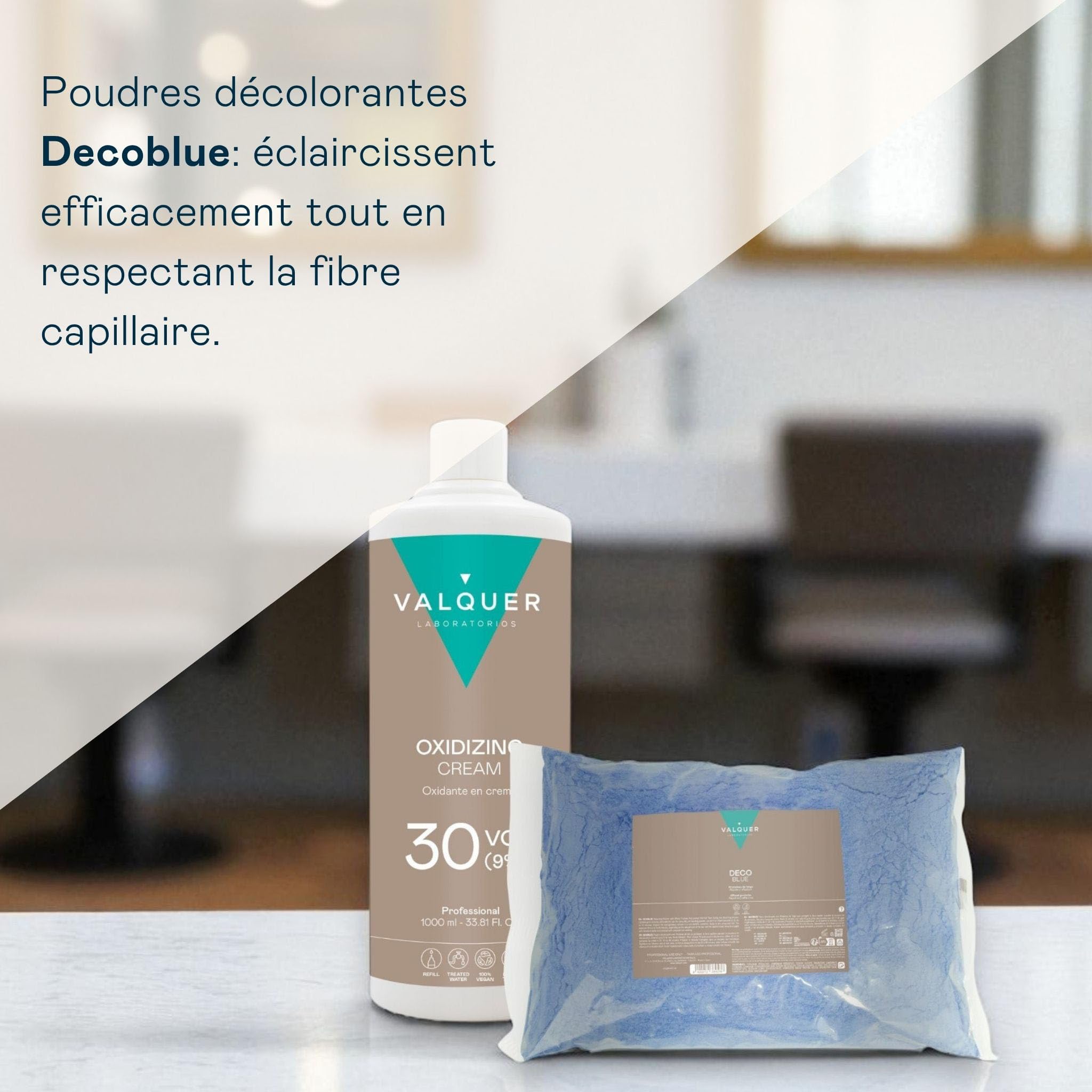VALQUER Kit Décoloration Cheveux Professionnel Vegan Décoblue 500 g + Oxydant 30 Vol 9% 1000 ml, Éclaircissement Jusqu’à 6 Tons, Balayage, Mèches, Blond Polaire