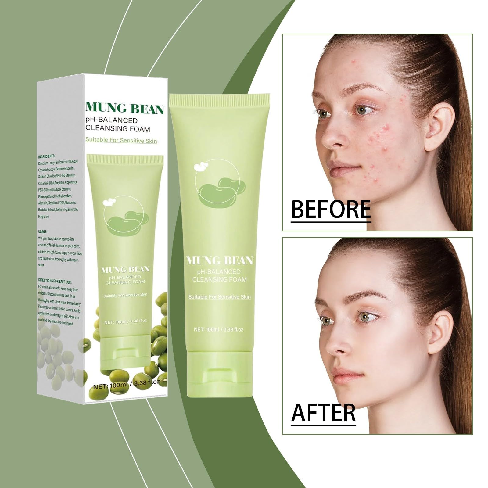 Mousse nettoyante au pH de haricots mungo (160 ml) - Sans parfum, non comédogène, testée, nettoyante pour le visage en profondeur - Convient pour les peaux sensibles - Nettoyant pour masque facial (3)