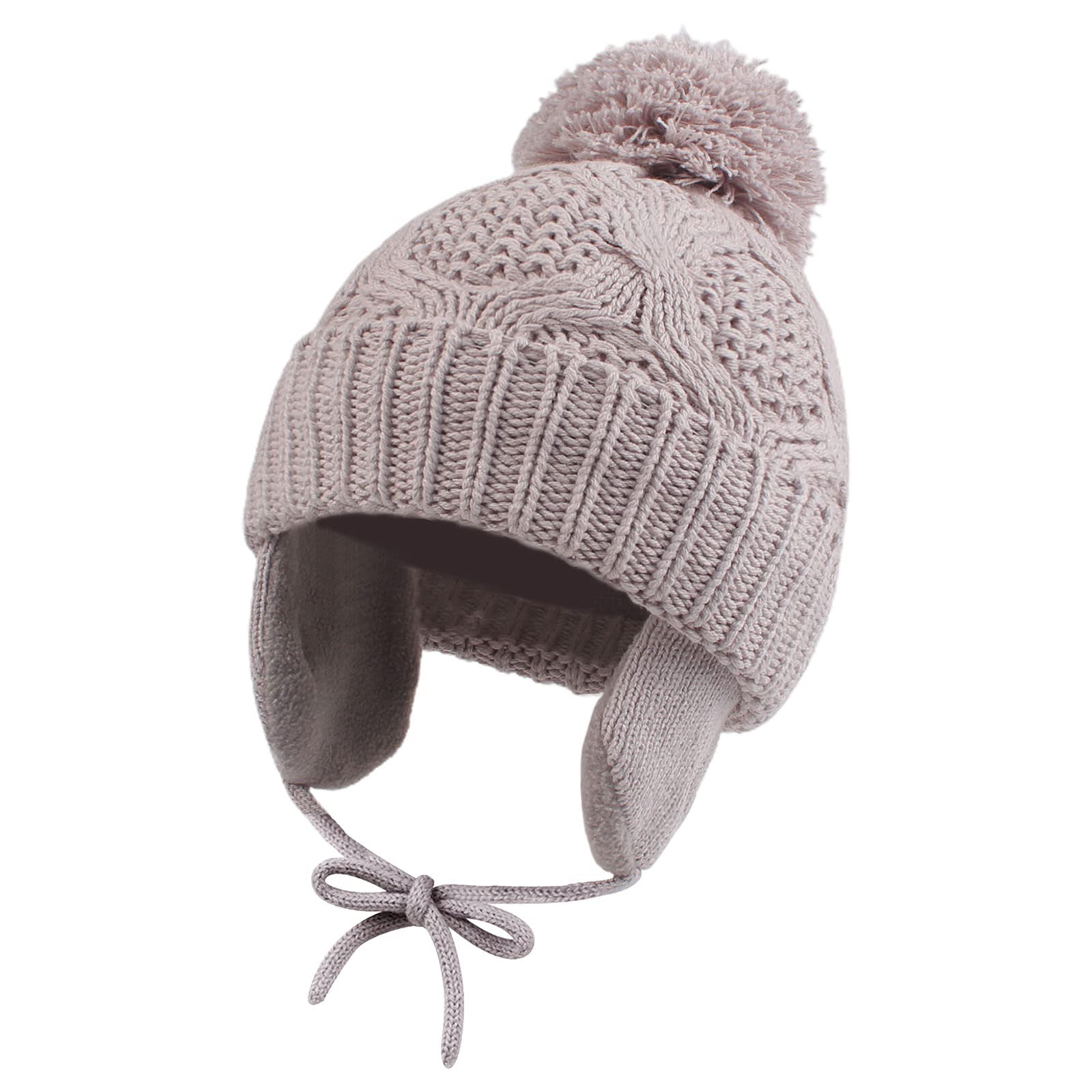 Pesaat Knitted Baby Winter Beanie Earflap Warm Hat for Infant Toddler Boys Girls Fleece Lined Beanies with Pompom(Grey,1-3 Y)